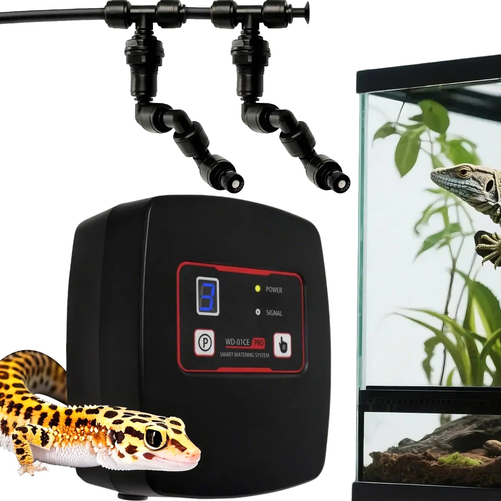 Umidificatori per Gechi Leopardo, Sistema di Nebulizzazione Intelligente per Terrari di Animali Tropicali, Nebulizzatore Automatico per Rettili con Timer(2 Nozzles)
