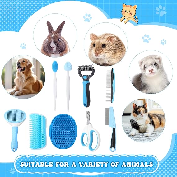 Teenyyou Cats Grooming Kit - 10 Pcs Pet Self Cleaning Kit for Indoor Long Hair Cats Include Brush Bath Brush Needle Comb Toothbrush Nail Clipper Nail Trimmer for Shedding Supplies