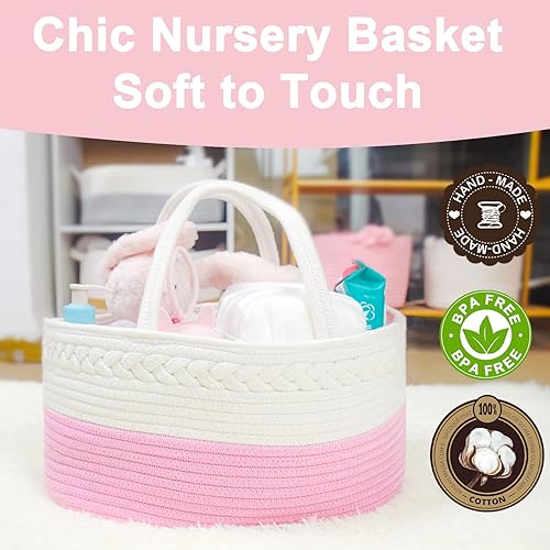 Miniatura 5 de ABenkle Organizador de pañales, cesta de bebé de cuerda de algodón rústico bohemio, organizador de cambiador para almacenamiento de pañales y baby