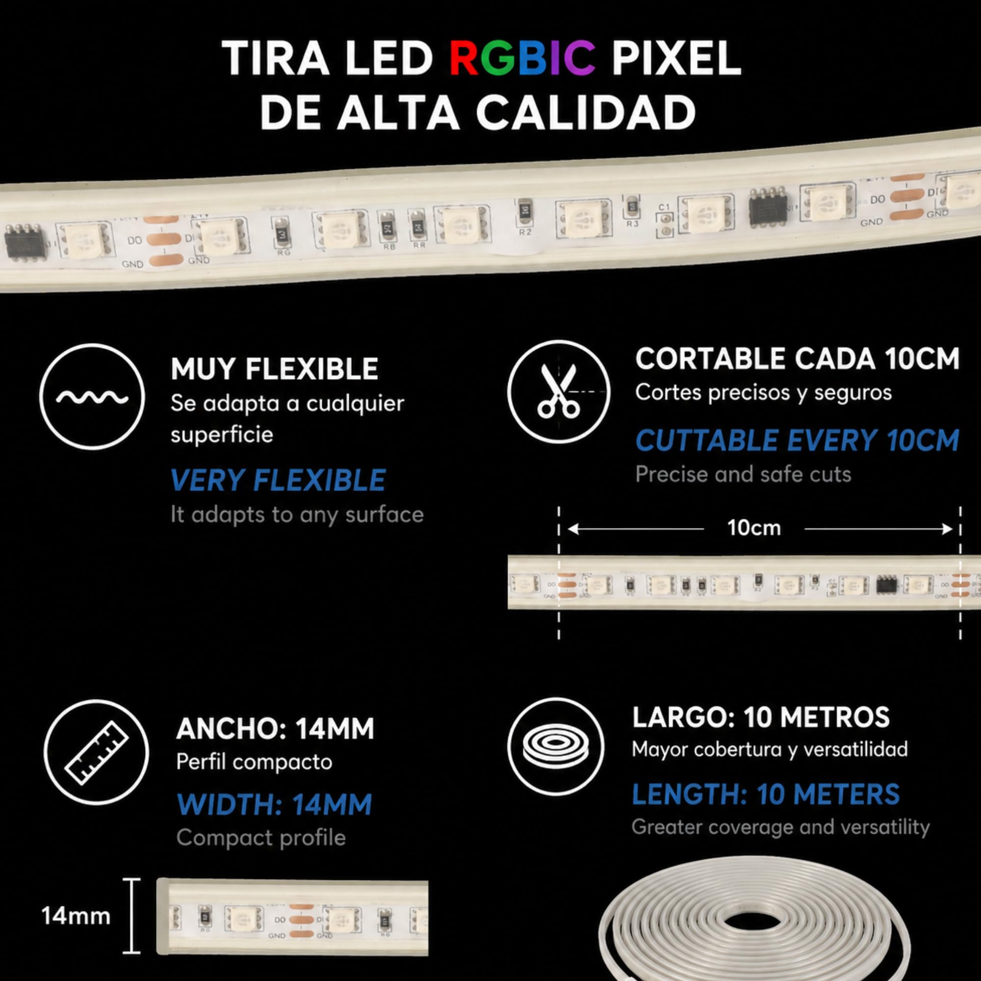 Jandei - Kit Tira Led 10metros 24Vdc RGBIC con Controlador 220Vac y Mando, 600 Leds. IP65 Ideal Exteriores