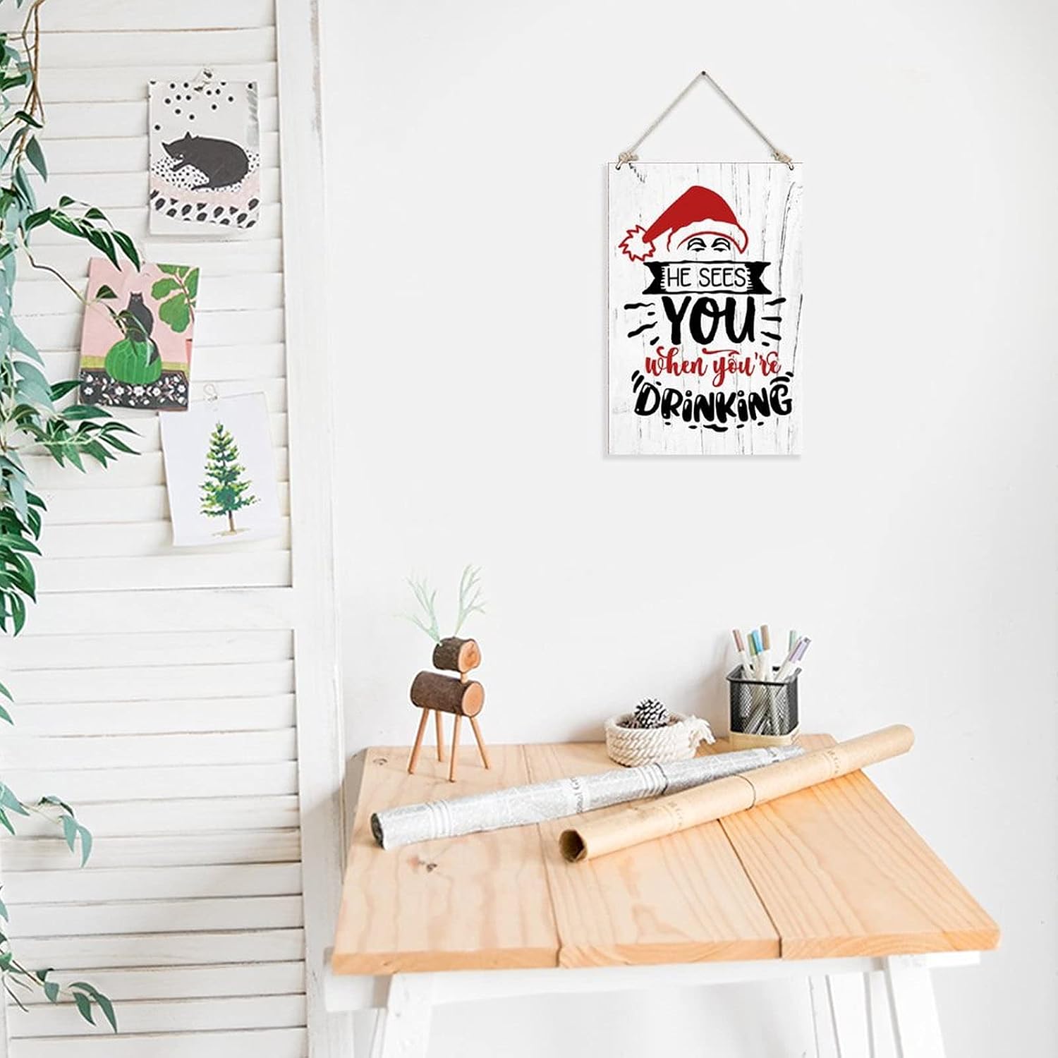 ArogGeld He Sees You When You're Drinking Wooden Sign Christmas Decoration Wall Wood Sign Winter Holiday Funny Xmas Wooden Plaque Wall Art Decor Hanging Sign for Living Room, 20X30cm