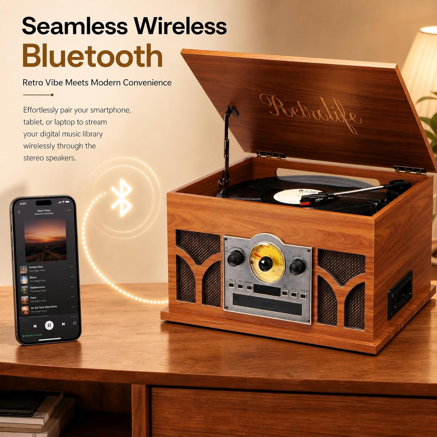 10-in-1 Record Player with Built-in Speakers Wireless Playback, CD & Cassette Player, USB Player, AM/FM Radio, 3 Speeds Turntable Vinyl Record Player Mahogany