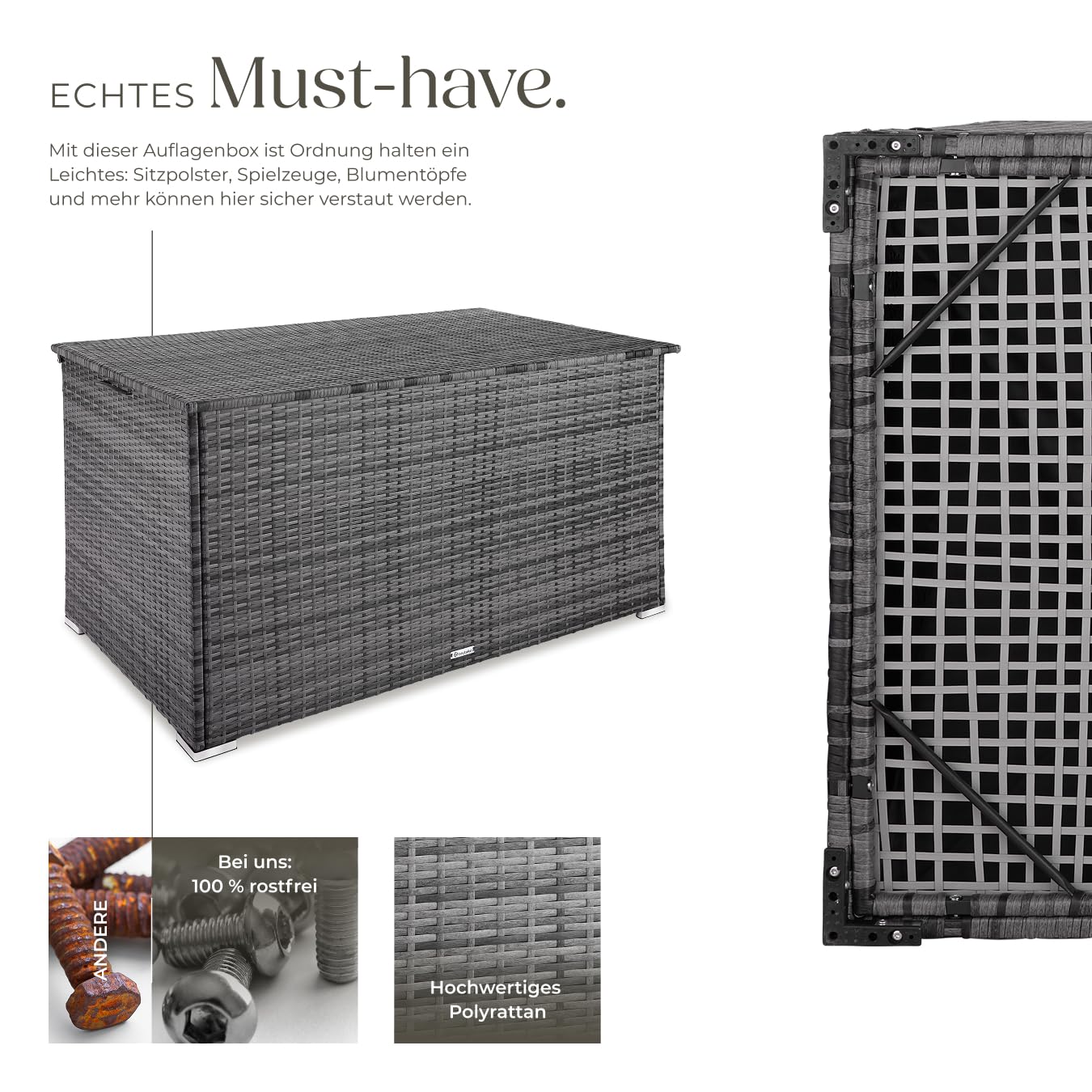 tectake® Aluminium Polyrattan Aufbewahrungsbox mit Deckel, 750L, Gartenkiste wetterfest, Gartenbox mit Gasdruckfedern, Garten Auflagenbox, UV-beständig, rostfrei, Stauraum, 145x82,5x79,5 cm - grau