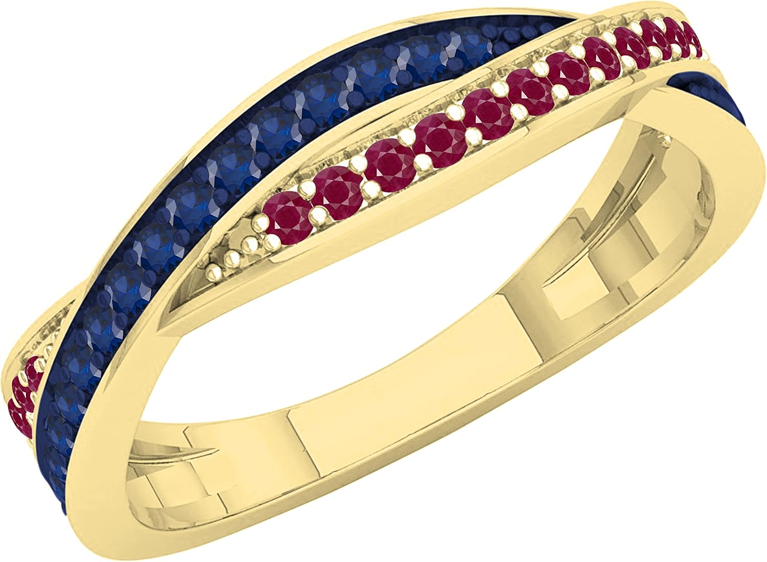 Dazzlingrock Collection Round Blue Sapphire & Ruby Timeless Halfway Criss-Cross Intertwined Vintage Style Wedding Ring for Women, Available in 18K Solid Gold
