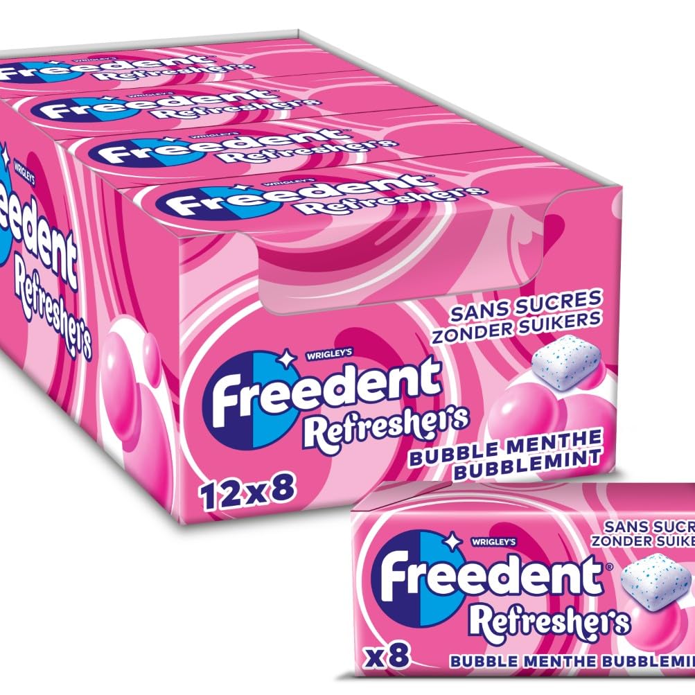 FREEDENT REFRESHERS - Chewing Gum Sans Sucre - Goût Bubble Menthe - 12 Paquet de 8 Dragées - Grand Format 96 Dragées