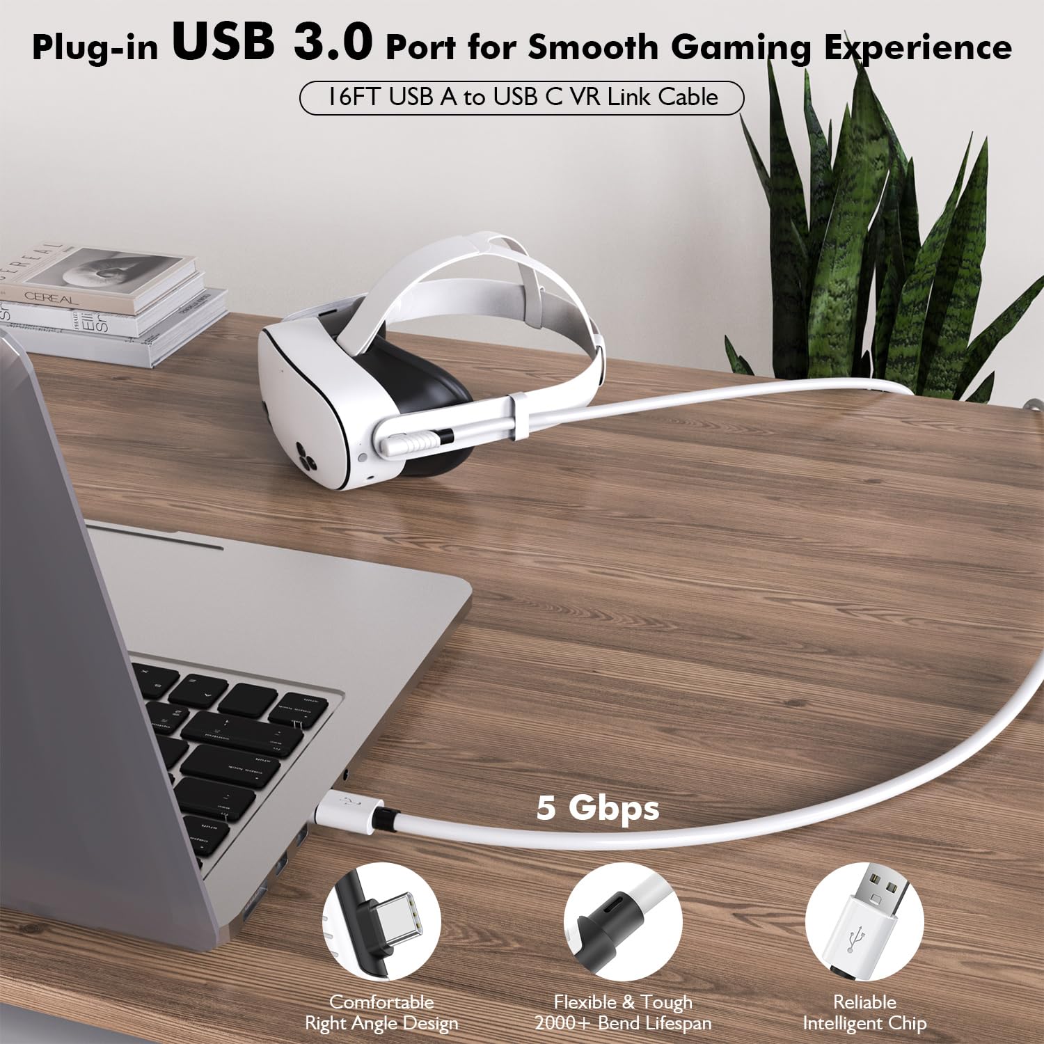 Lot de 2 câbles de liaison rapide de 4,9 m pour PC VR adaptés pour Oculus/Meta Quest 3/Meta Quest 3S, Quest2/Pro/Pico 4/Ultra et PC/SteamVR, transfert de données PC haute vitesse, câble USB 3.0 vers