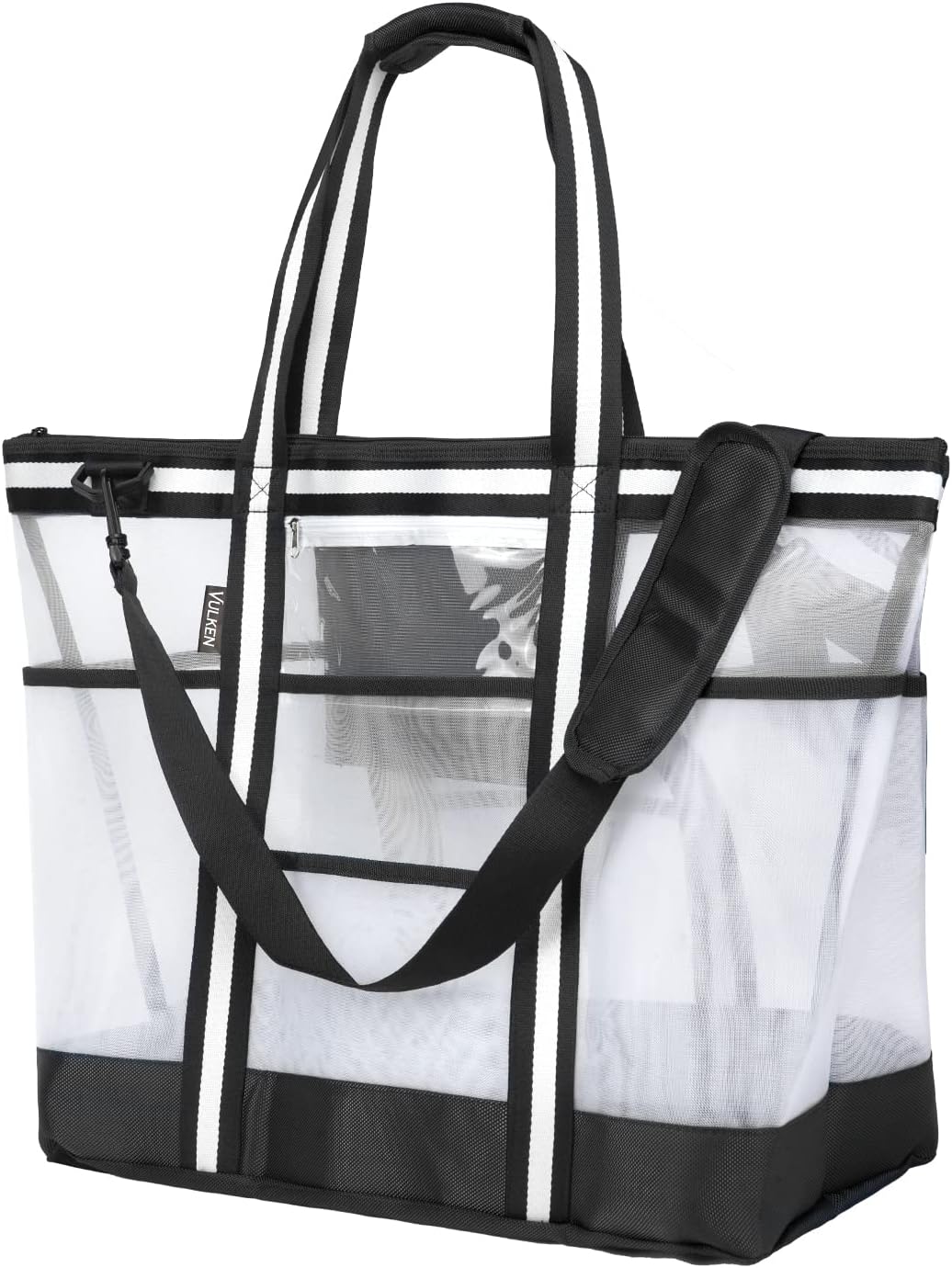 Vulken 42L Extra Large Mesh Beach Bag. 9 Pockets Top Zip Tote Bag Shoulder Bag