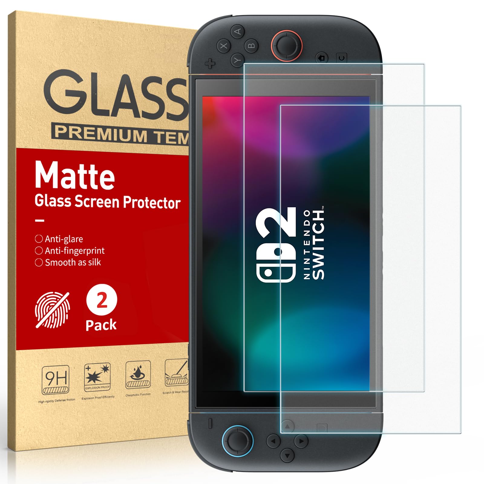Ambison [2 Pack Matte Finish Glass Screen Protector Compatible with Nintendo Switch 2 Model 2025 7.9inch, Anti Glare-Reduce Reflection/Smooth as Silk for Game/Anti-Fingerprint/Tempered Glass/Full Coverage/No Bubbles