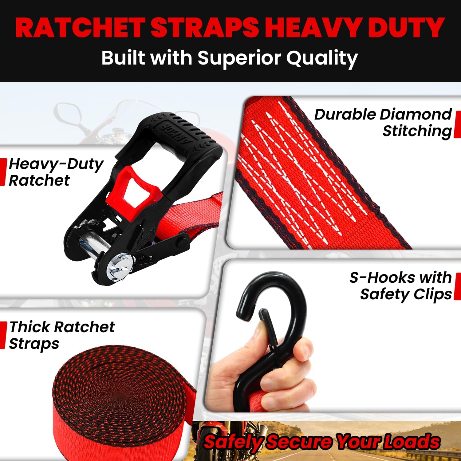 Ratchet Straps Heavy Duty (4 Pack) - 5,250 Break Strength Motorcycle Strap Tie Downs with 15ft Soft Loops -1.5in x 8ft Ratchet Tie Down Straps for Motorcycles, Truck, Cargo -Safety S Hook, Storage Bag