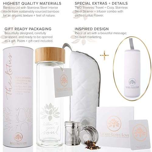 Miniatura 5 de Sacred Lotus Love Double-Walled Glass Tea Tumbler with Infuser and Strainer 15oz - Perfect for Loose Leaf Tea, Cold or Hot Water Bottle, Fruit