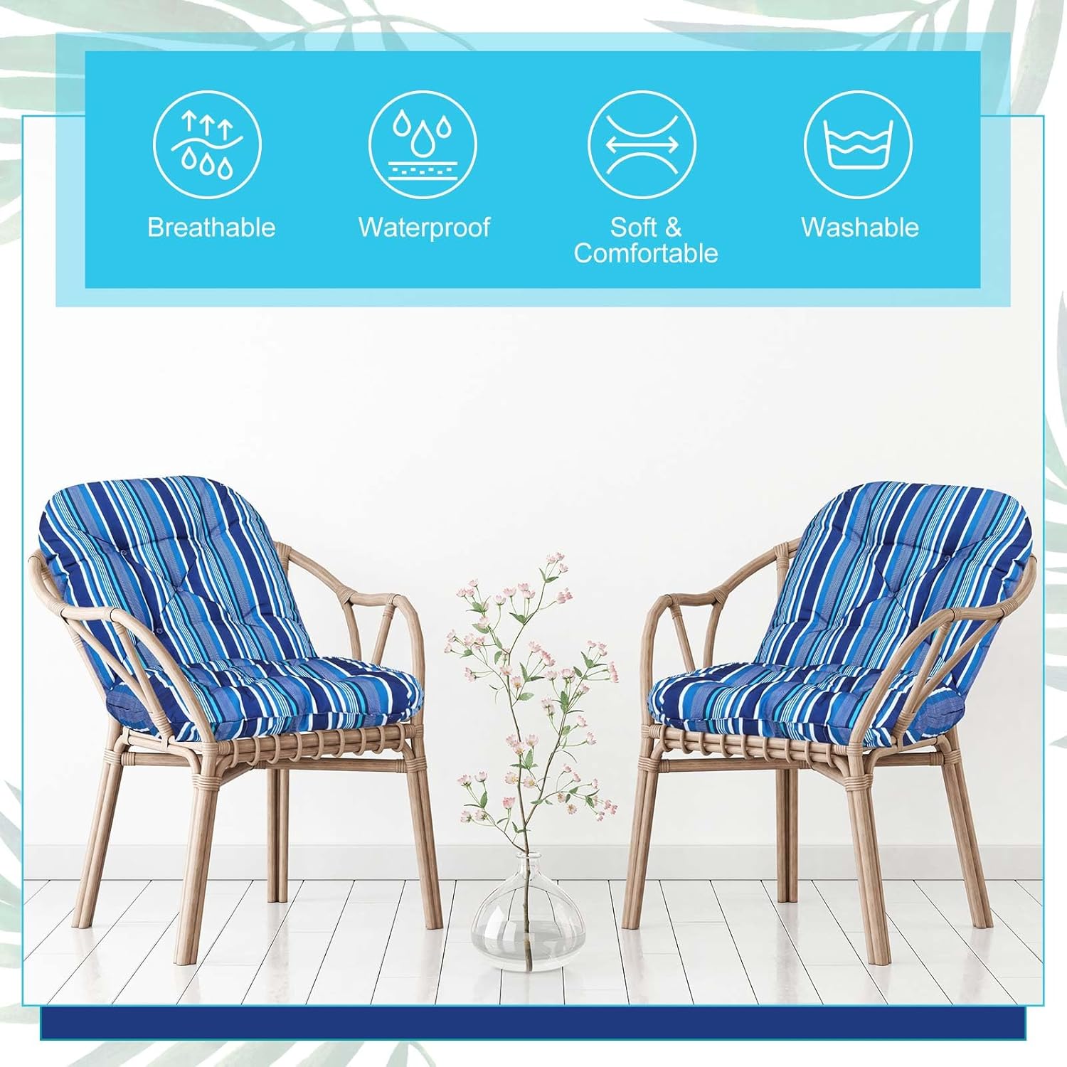 Chunful 4 Pack Tufted Back Chair Cushion Indoor Outdoor Weather Resistant Rocking Patio Chair Cushions for Indoor Outdoor Lawn Furniture(Blue Stripes)