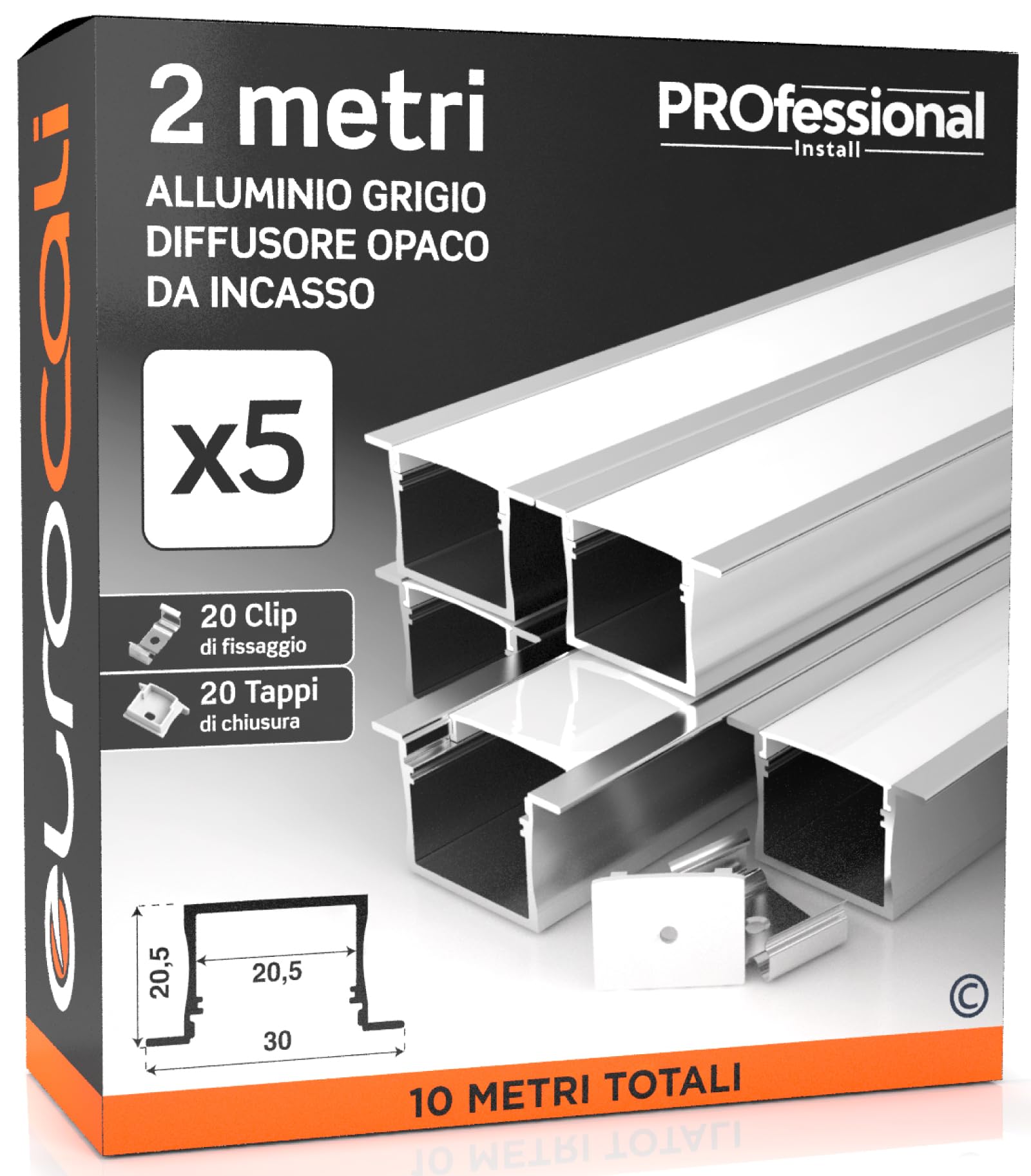 Eurocali 5x Profili da 2 metri (10mt) in Alluminio grigio per Strisce LED con Schermatura Opaca e ingombro max striscia led 20.5mm - 30 x 20.5