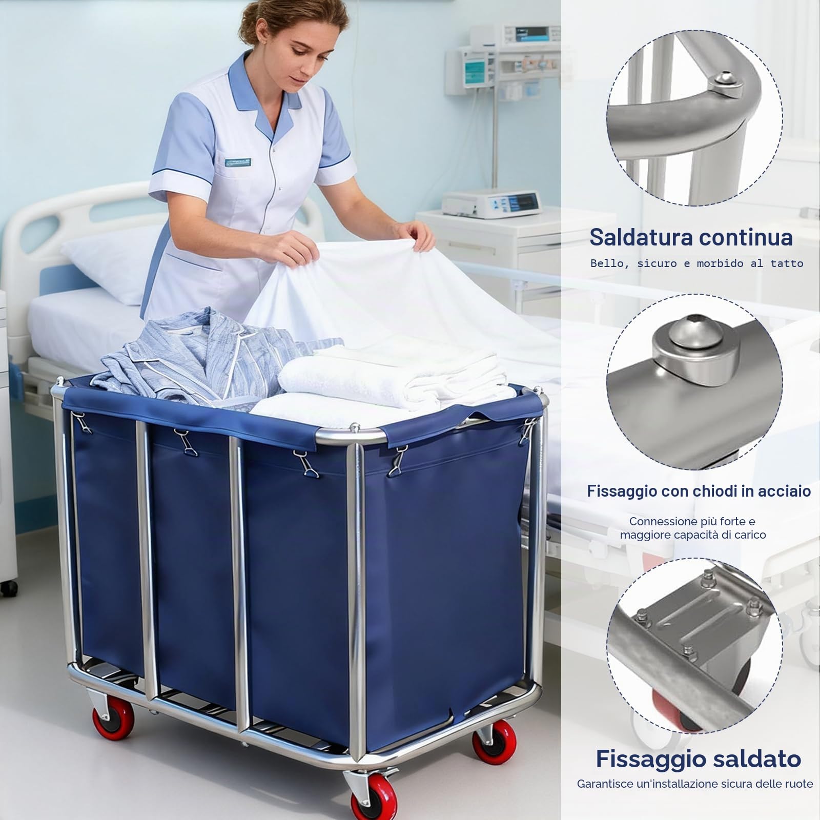 Carrello Per Biancheria, Cesto Portabiancheria In Acciaio Inox Con Ruote Commerciale Impermeabile Antiruggine Rimovibile Grandi Cesti Portabiancheria Commerciali Per Casa Hotel Lavanderia 90X65X81Cm