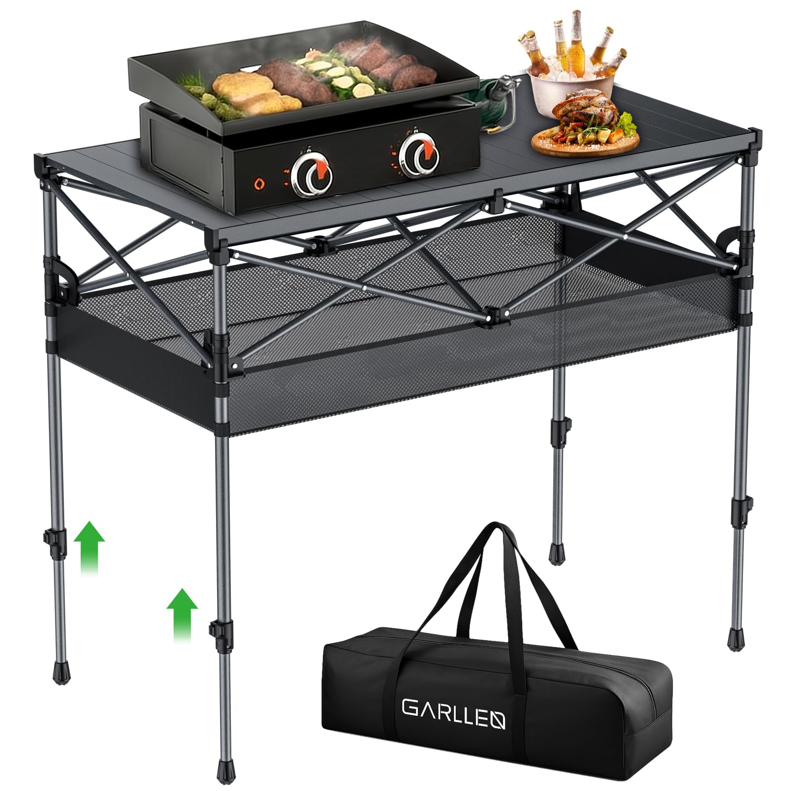 GARLLEN Tavolo da Campeggio Pieghevole,100x50 cm,2 Altezze Regolabili (70/87 cm),Piano del Tavolo Arrotolabile,con Rete di Stoccaggio e Borsa di Organizzazione,per Balcone Giardino Spiaggia