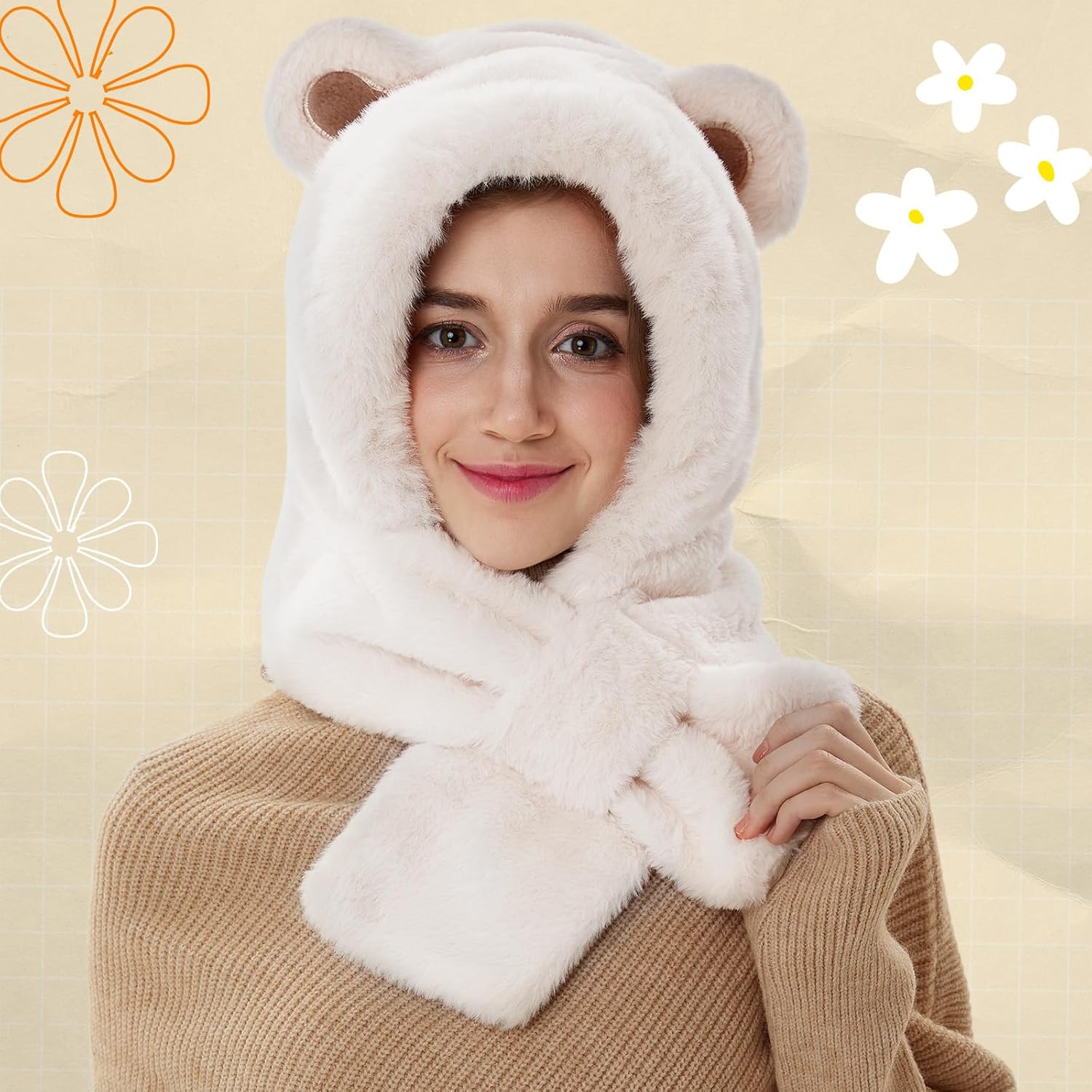2 Pcs Cute Winter Bear Ear Hooded Scarf Hat for Women, Hat Scarf Set Fluffy Soft Warmer Neck 2-in-1 for Cold Weather - Image 7