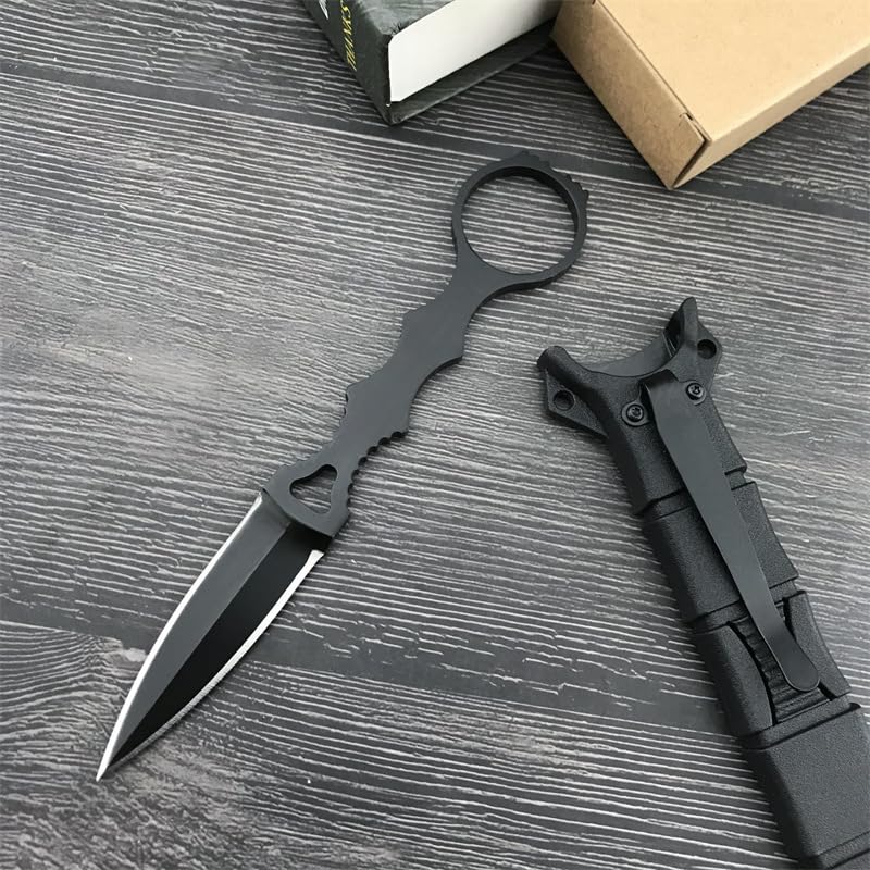 Tragbares Messer mit Fester Klinge aus 440c-Stahl - Campingmesser mit Kydex-Scheide und Messerclip (Schwarze Vollklinge)
