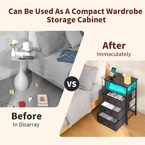 Miniatura 6 de LAKEMID Mesita de noche alta con estación de carga, juego de 2 con tira de luz LED de 20 colores, 3 cajones, mesas auxiliares, mesa auxiliar de