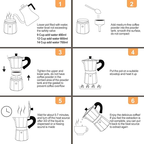 Miniatura 9 de Cafetera de aluminio con 9 tazas de 15.2 fl oz Moka Pot Express para estufa, cafetera de café expreso, cafetera italiana clásica, Greca Café,