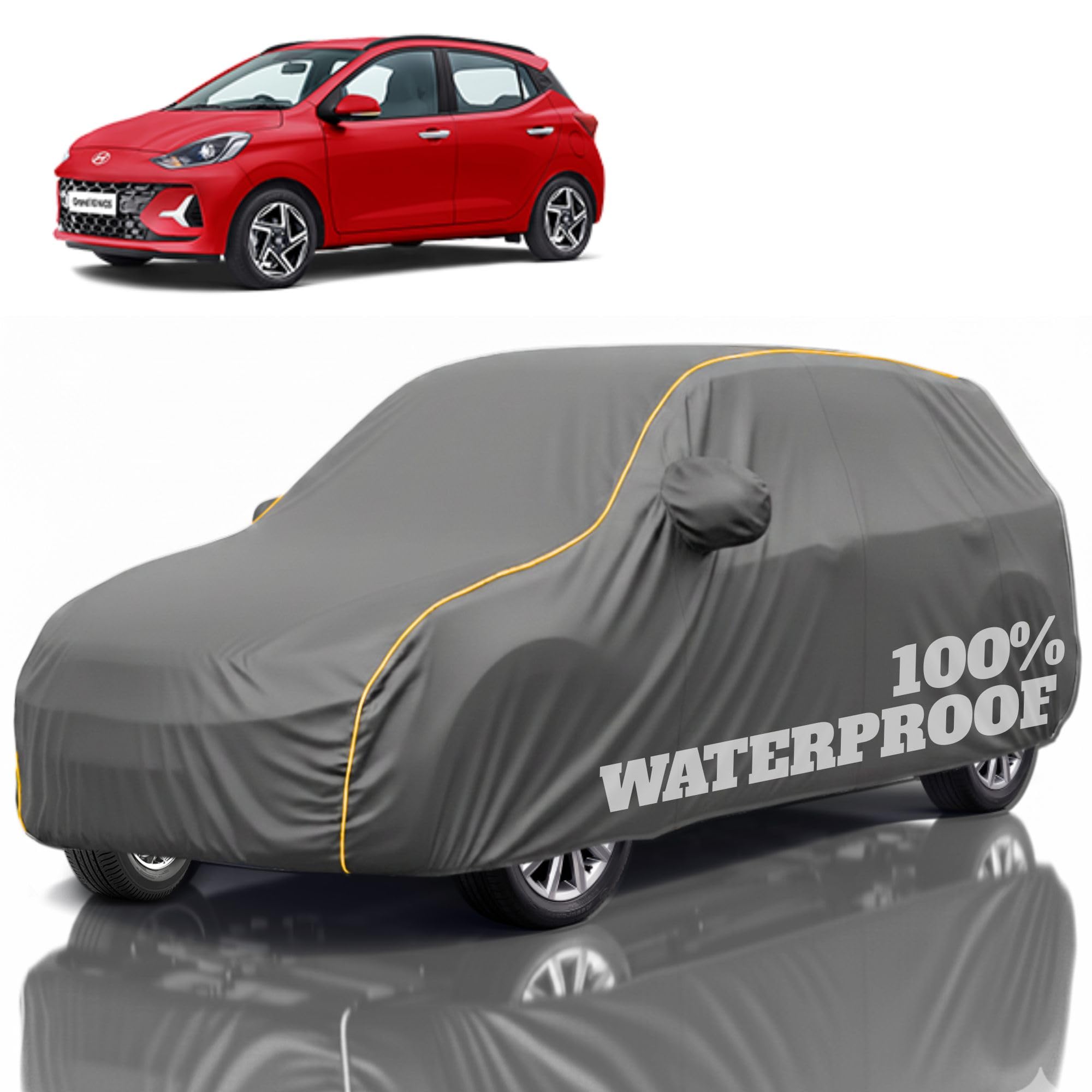 Premium Polyester Car Cover Grand i10 All-Weather Protection from Rain, Dust &amp; Sun | UV Resistant Fabric | Full Body Secure Fit for Outdoor &amp; Indoor Parking Grey
