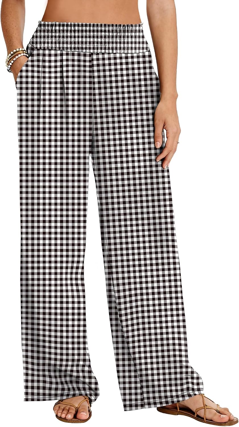 LOMON Womens Elastic High Waisted Palazzo Pants Casual Wide Leg Long Beach Vacation Trousers with Pockets
