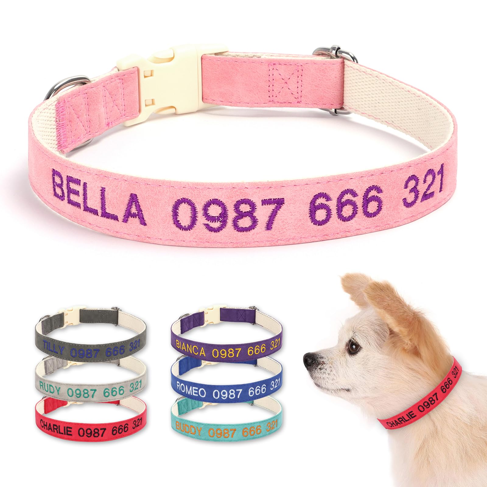 Collar para Perro Personalizado de Cuero y algodón Bordado, tamaño Ajustable, Personalizable con Nombre y número de teléfono, cómodo y Duradero, Apto para Todos los Perros (Rosa)