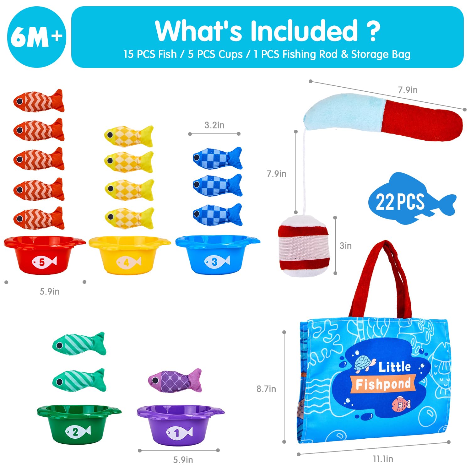 Montessori - Juego de pesca para niños pequeños de 1 a 3 años, regalo de cumpleaños 10 en 1, juego de pesca de tela para niños pequeños de 1 año con tazas apilables, conteo de números 8