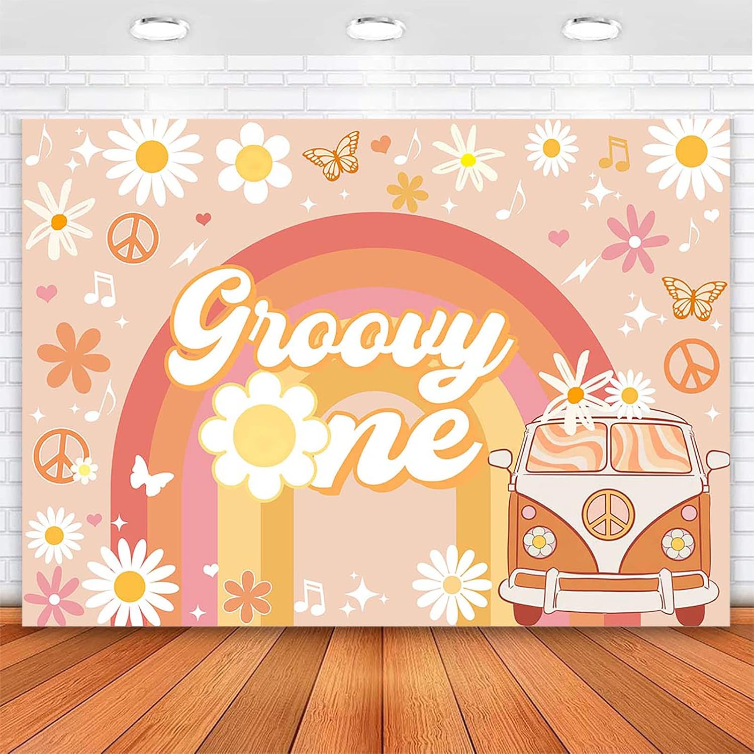 Avezano One Groovy Happy Birthday Backdrop Daisy Floral Girls 1st Birthday Party Decorations for Newborn Boho Rainbow Bus First Birthday Photography Background Cake Table Banner (10x7ft)