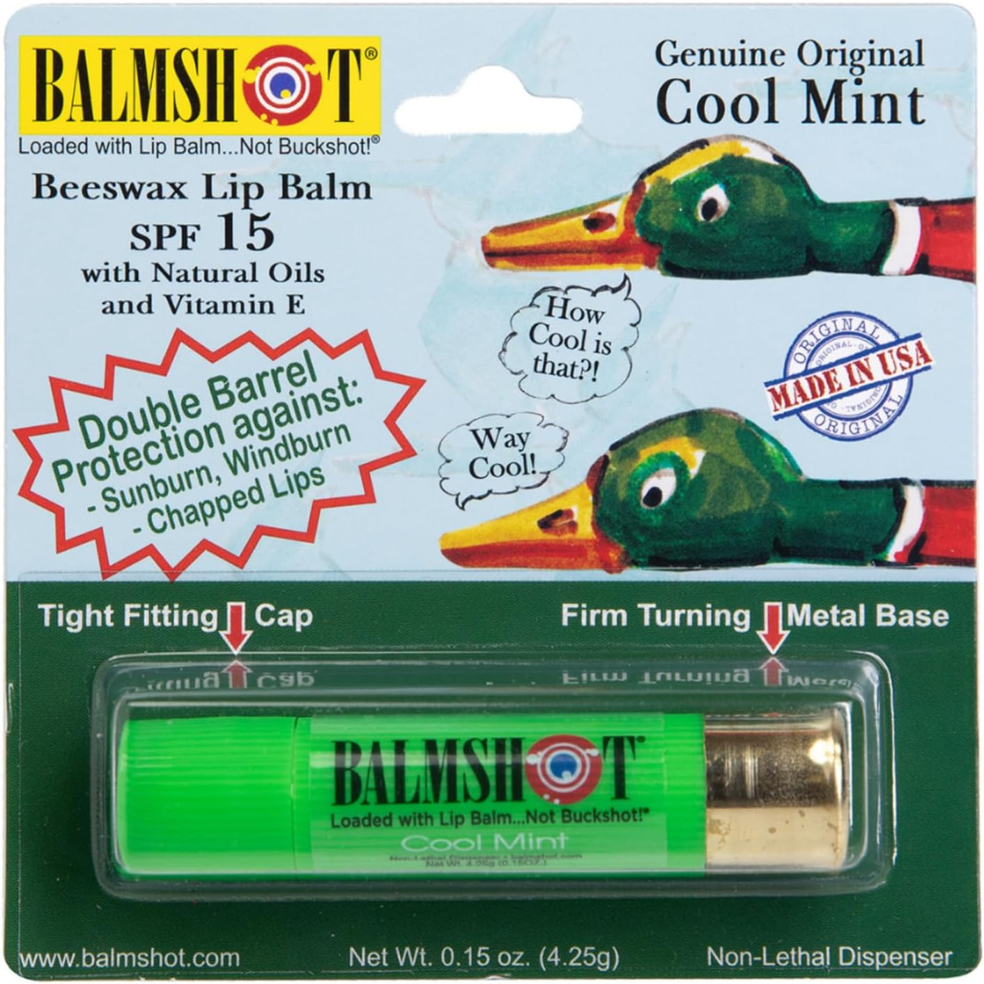 BALMSHOT Cool Mint Lip Balm SPF 15 โ Beeswax Chapstick for Men & Women, Deep Moisturizing Lip Repair for Dry Cracked Lips, 20-Gauge Brass Shotgun Shell Tube, Heat Tolerant, Made in USA