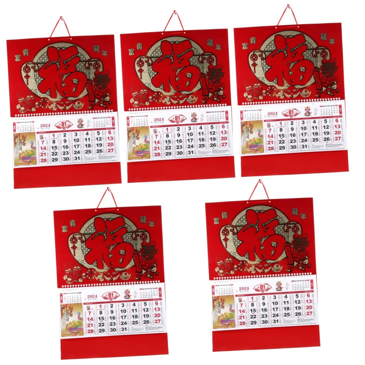 Housoutil 5 Piezas Calendario de Pared Colgante Año del Dragón con Calendario Lunar Detallado para y Oficina Diseño y Acabado Dorado