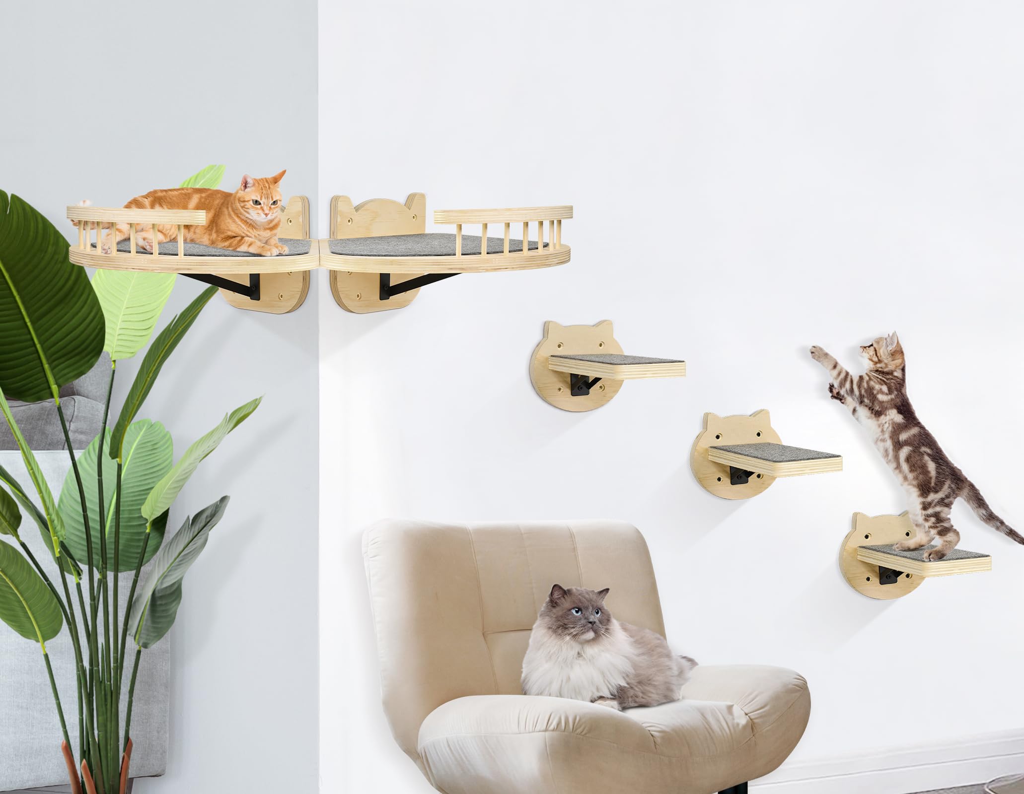 Cat Wall Shelves, Wood Cat Shelves and Perches with 3 Wall Steps Furniture Scratch Post, Burlywood Indoor Climbing Shelf for Living Room, Bedroom