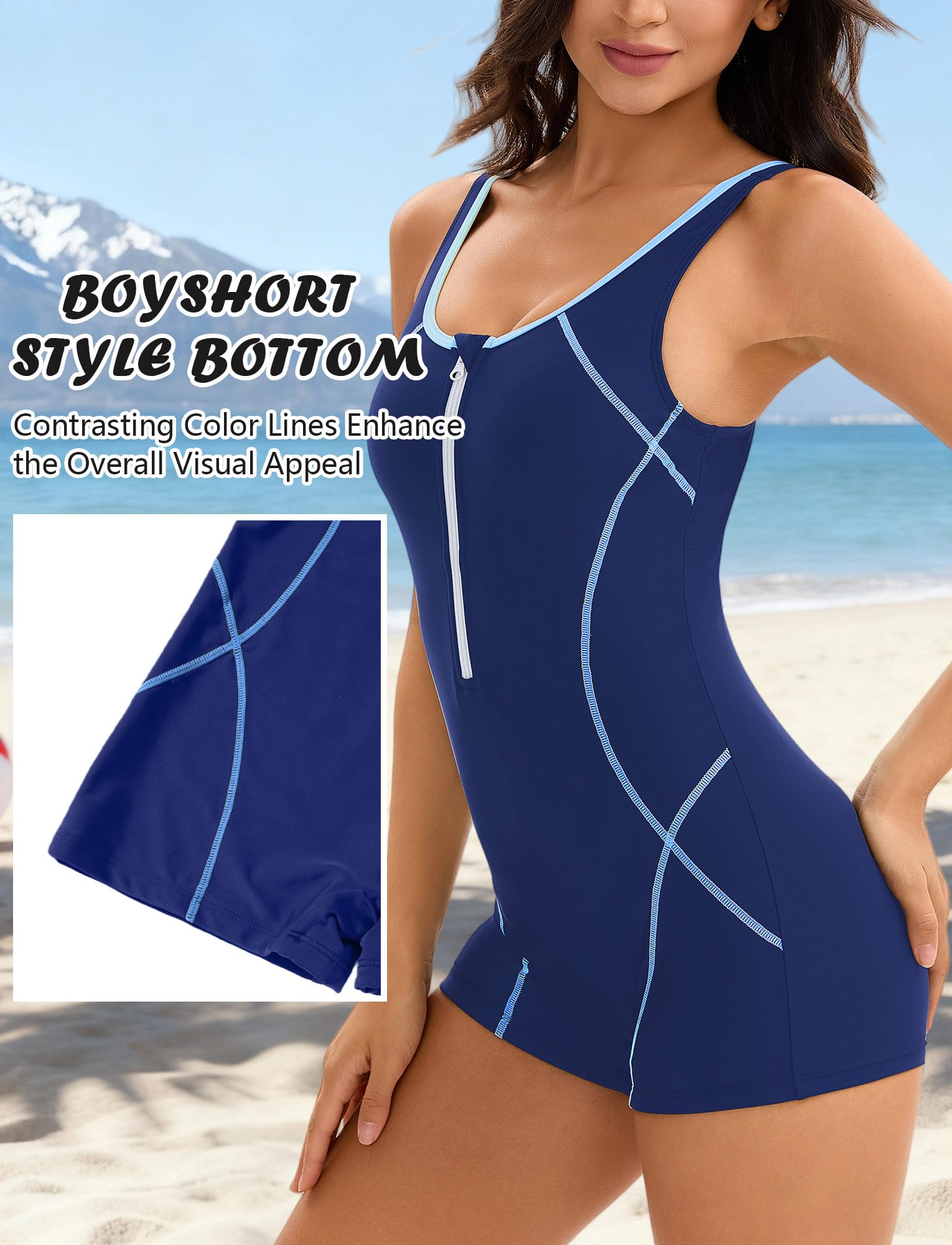 Maeau - Traje de Baño de Una Pieza Sin Mangas Mujer Boyleg Cremallera Frontal Bañador Natación para Playa Piscina S-2XL
