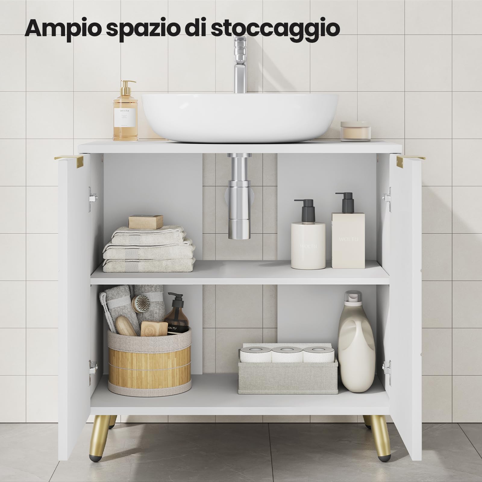 EUGAD Mobile Sottolavabo per Bagno, Armadietto Sotto Lavandino da Terra a 2 Ante, Mobiletto Copricolonna in Legno, con Ripiano Regolabile e Foro per Sifone, Bianco Lucido, 60x30x60cm