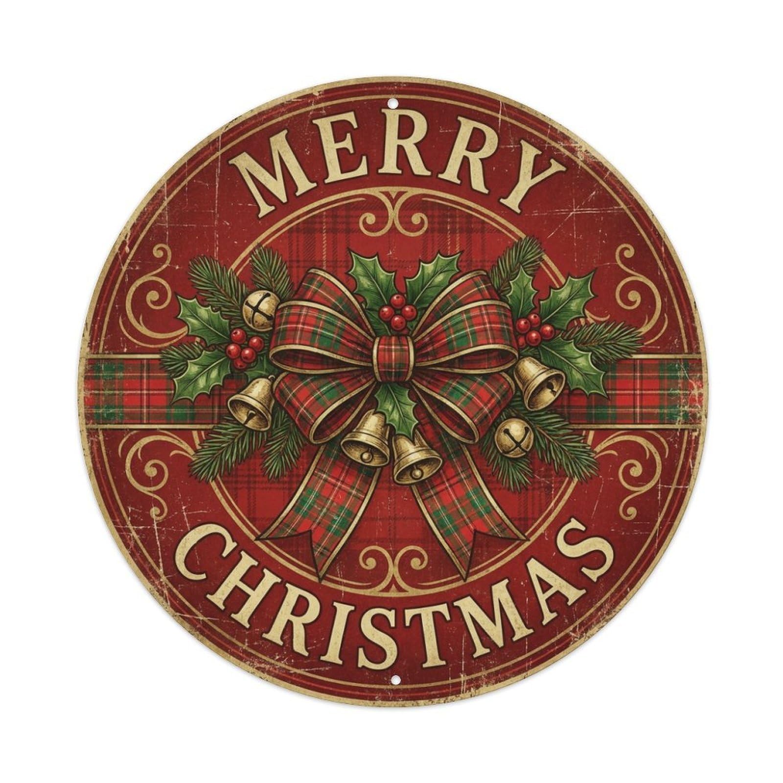 Merry Christmas Plaid Bow Ribbon Metal Tin Sign