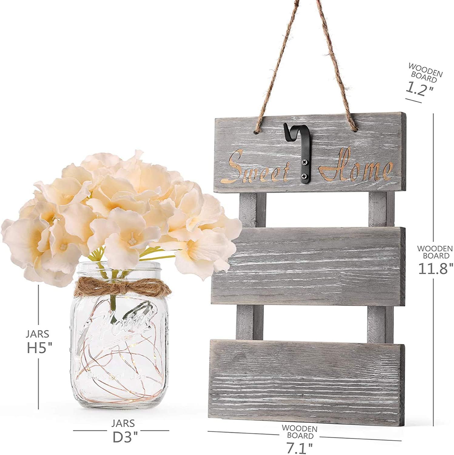 Mason Jar Sconces Wall Decor-Cdong Decorative Chic Hanging Mason Jars with LED Strip Lights, 6-Hour Timer, Silk Hydrangea, Iron Hooks for Home,Living Room,Bedroom Decorations [Set of 2], Grey