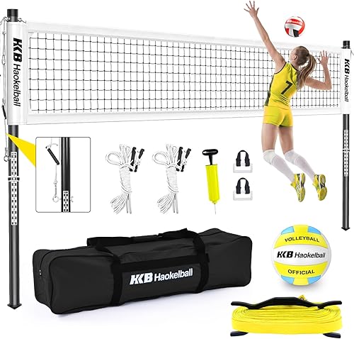 Miniatura 10 de Haokelball Outdoor Portable Heavy Duty Volleyball Net Set for Backyard with Adjustable Height Poles, Anti-Sag System, Volleyball, Pump, Boundary