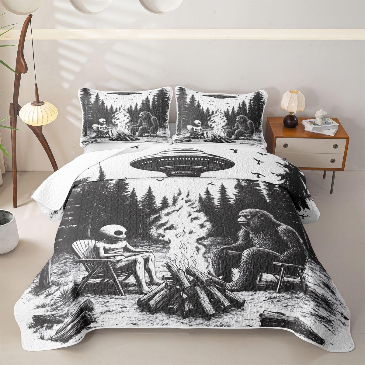 Sasquatch and Alien Quilt Set Twin Size,Universe Space UFO Bedding Sets 2Pcs for Kids Teens Teens Room Decor,Retro Pine Tree Campfire Quilted Bedspread Camping Bigfeet Coverlet,1 Pillow Sham