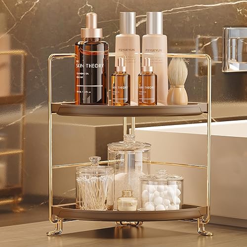 Miniatura 13 de FSyueyun Organizador esquinero de 2 niveles para mostrador de baño, instalación sin herramientas, estante de tocador de plástico pequeño, bandeja de