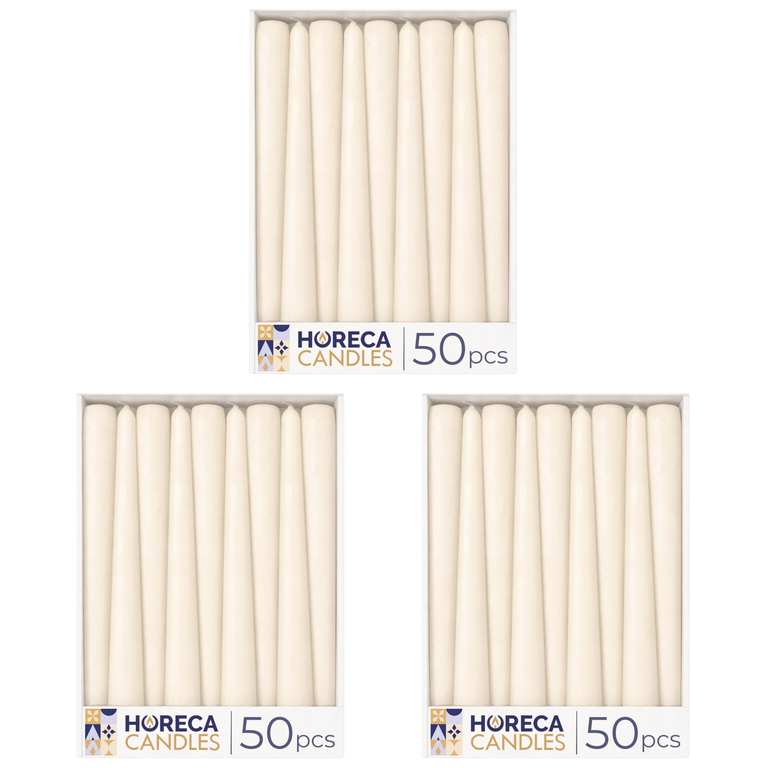 Horeca Candles – Unscented White Taper Candles - 10 Inch – Set of 150 Smokeless & Dripless Dinner Candlesticks – 8 Hour Burn Time - Premium European Quality for Home Decor, Restaurant, Wedding, Party