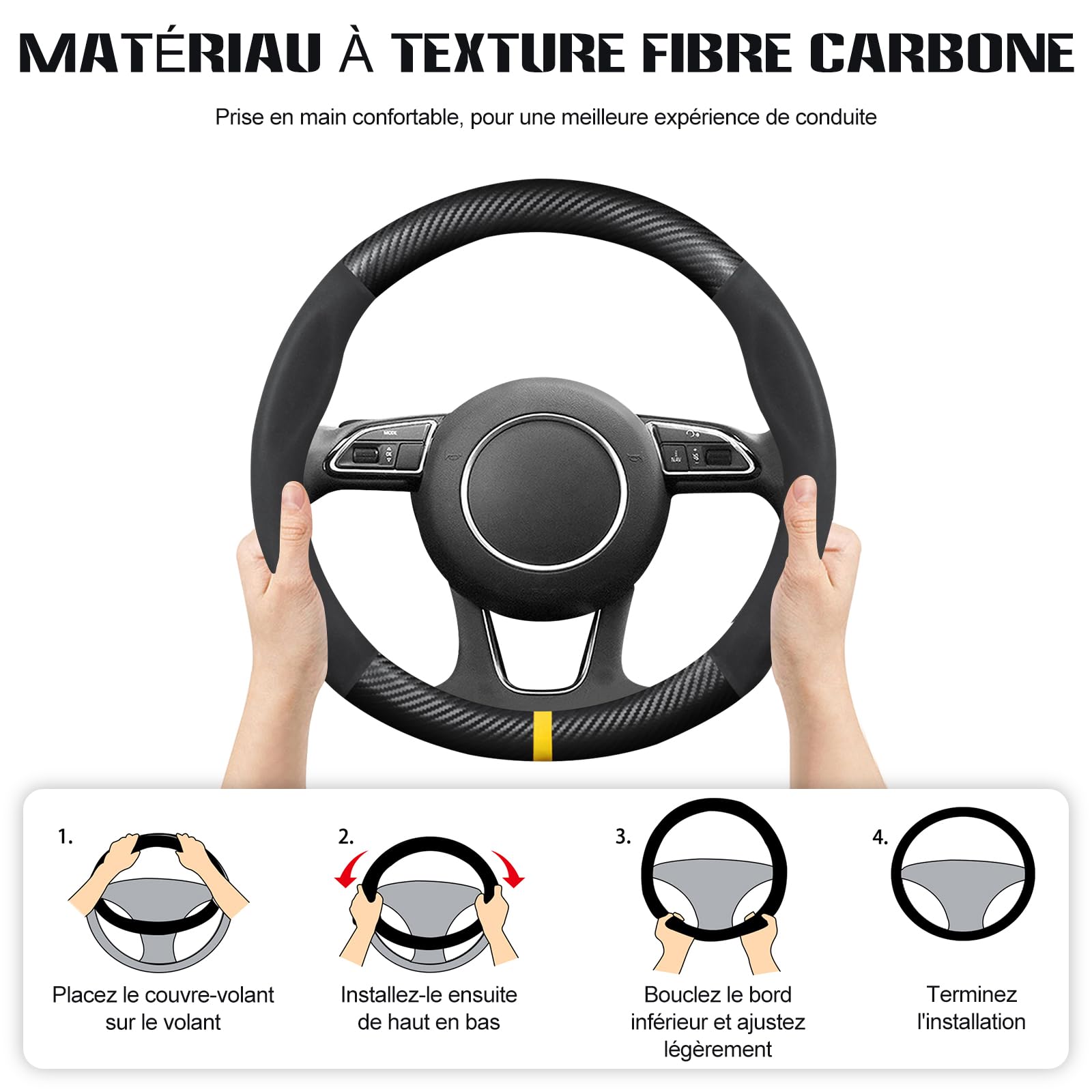 Ergocar Housse De Volant Ronde en Fibre Carbone Et Cuir Microfibre, Caoutchouc Antidérapant, Respirant Et Inodore, Convient pour Toutes Les Saisons. 38 Cm (15 Pouces)