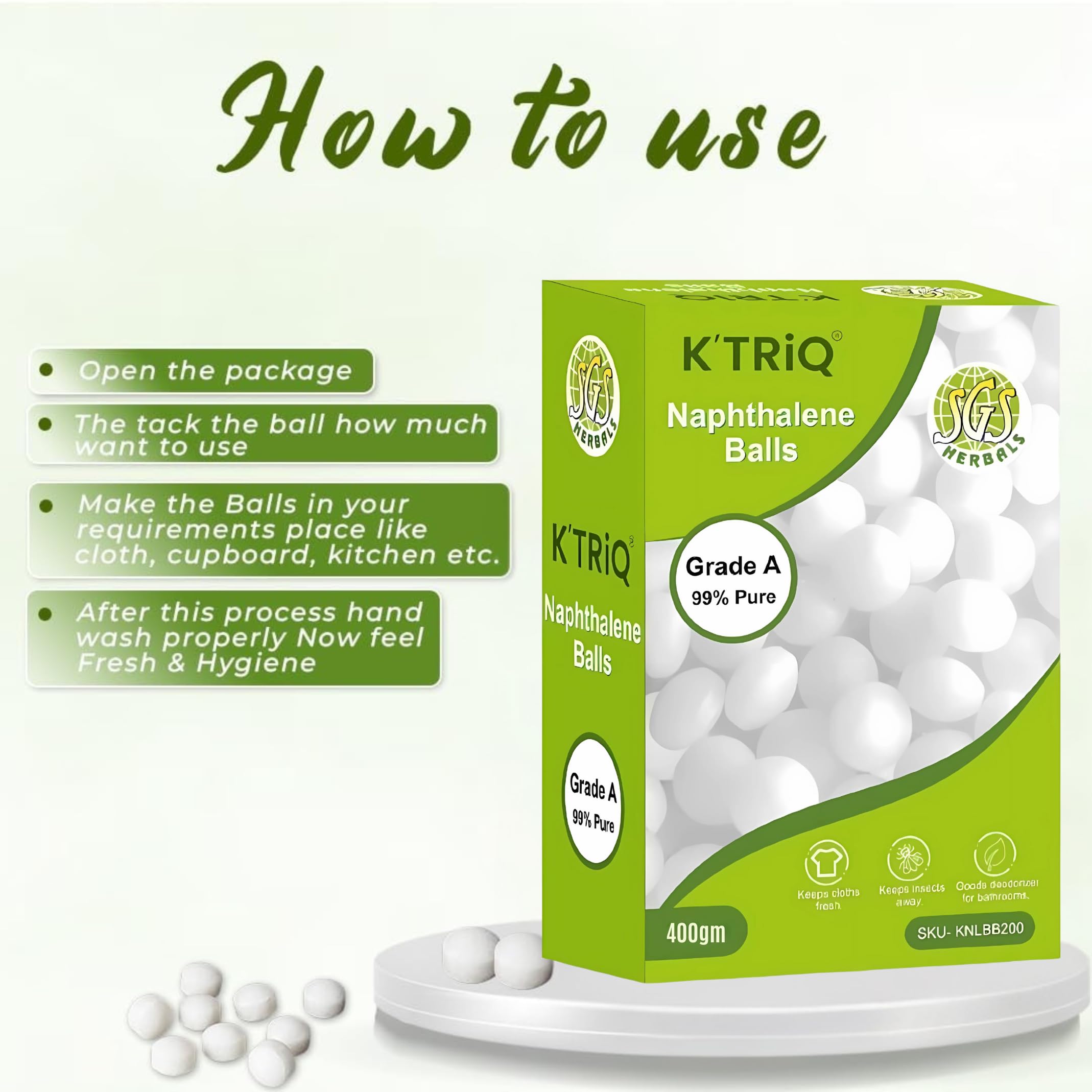 K'TRiQ Naphthalene Balls, Grade A 99% Pure β 400 gm, Long-Lasting Freshness, Protects Clothes from Moths, Mildew, and Bad Odors 1
