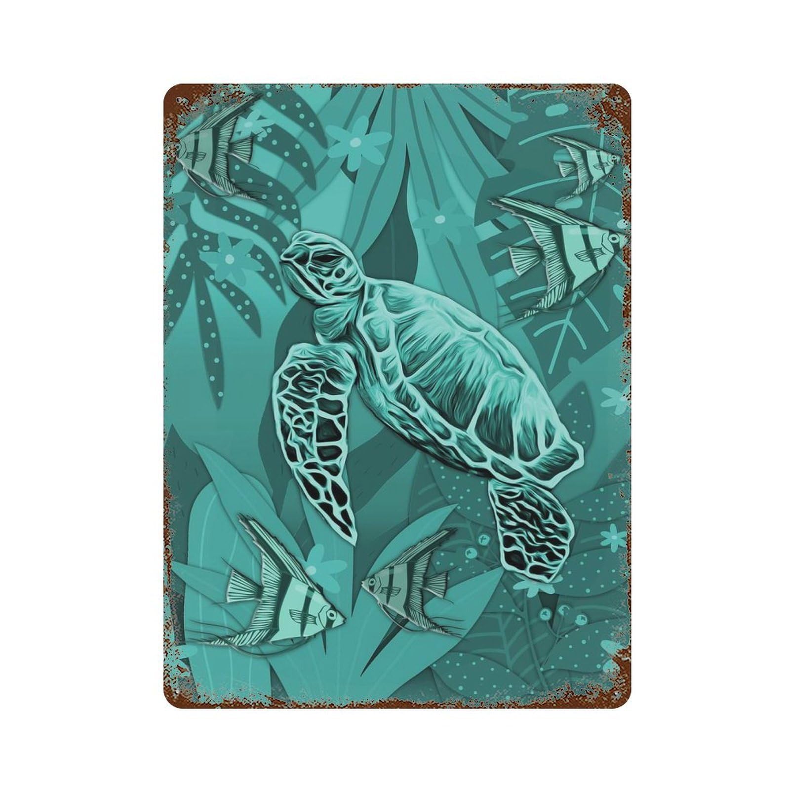 Green Sea Turtles Vintage Wall Sign 15.7"x11.8", Rust Effect Metal Decor for Bistro, Counter And Cafe Decor