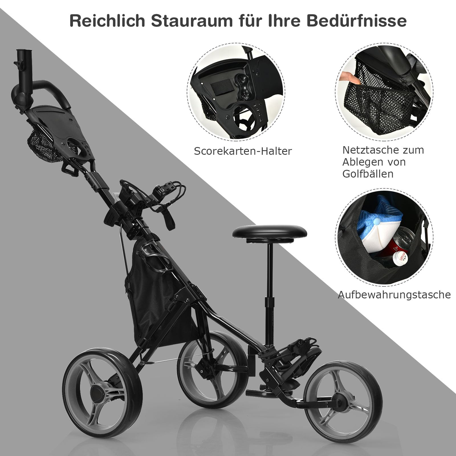 GOPLUS Golf Trolley, Golftrolley 3 Rad mit Verstellbarer Griff, Sitz & Fußbremse, Golfwagen klappbar mit Schirm- und Getränkehalter & wasserdichter Tasche, Golfcaddy Golf Push Cart