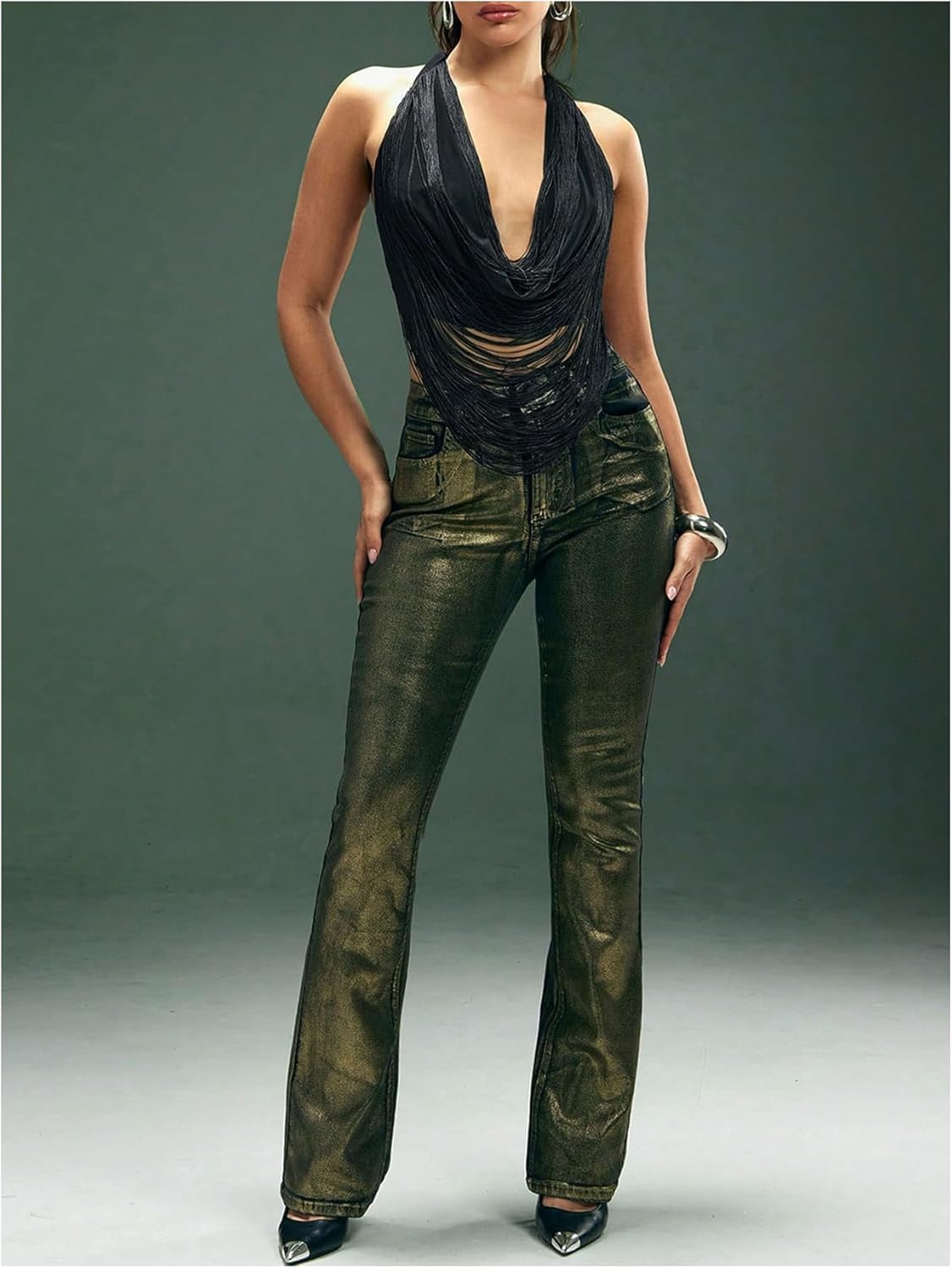 MakeMeChic Women's Fringe Draped Halter Top Sleeveless Tie Backless Summer Y2K Crop Tops - Image 5