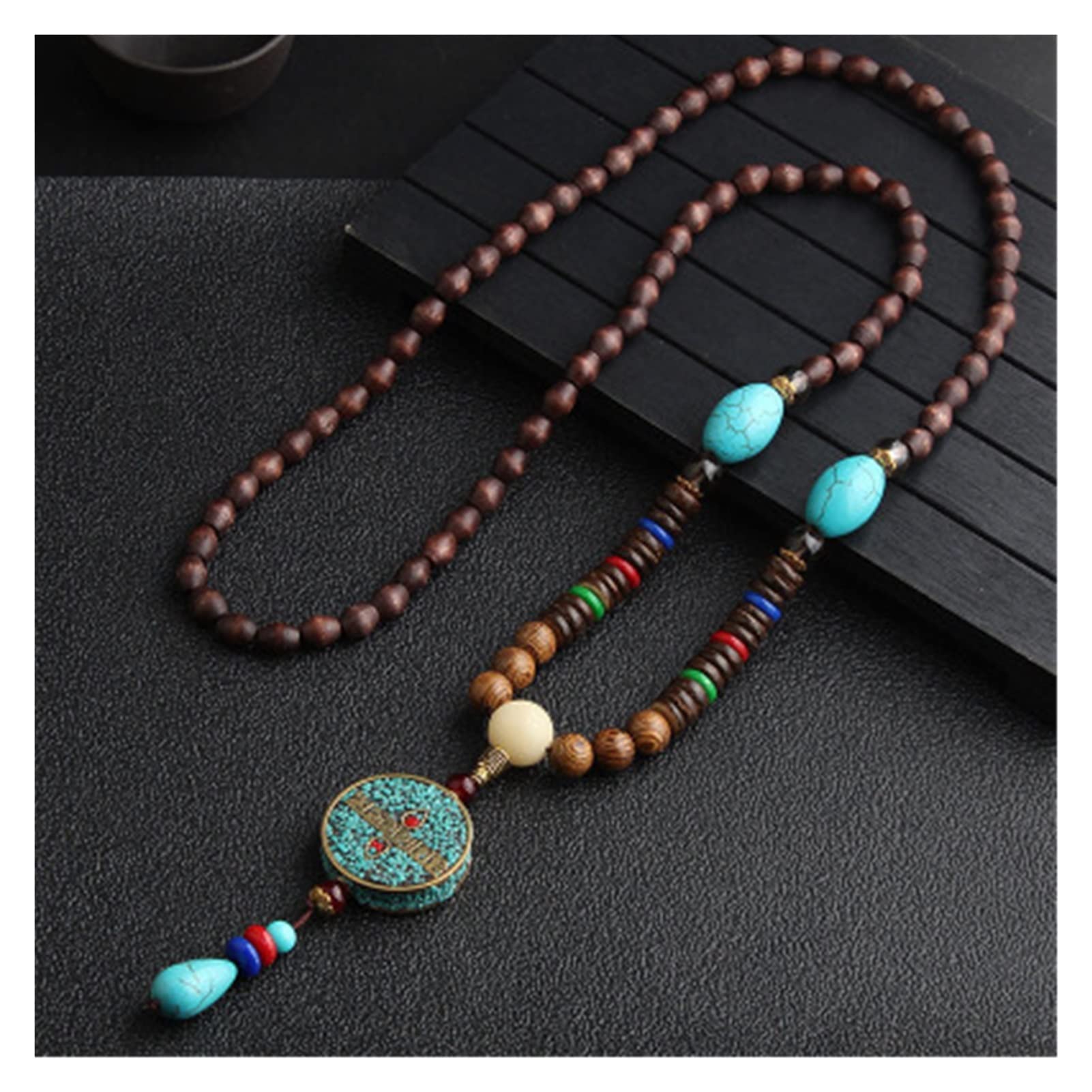 Collier Mala Bouddhiste Népalais Vintage - Pendentif Bois & Corne, 80cm, Unisexe Bohème