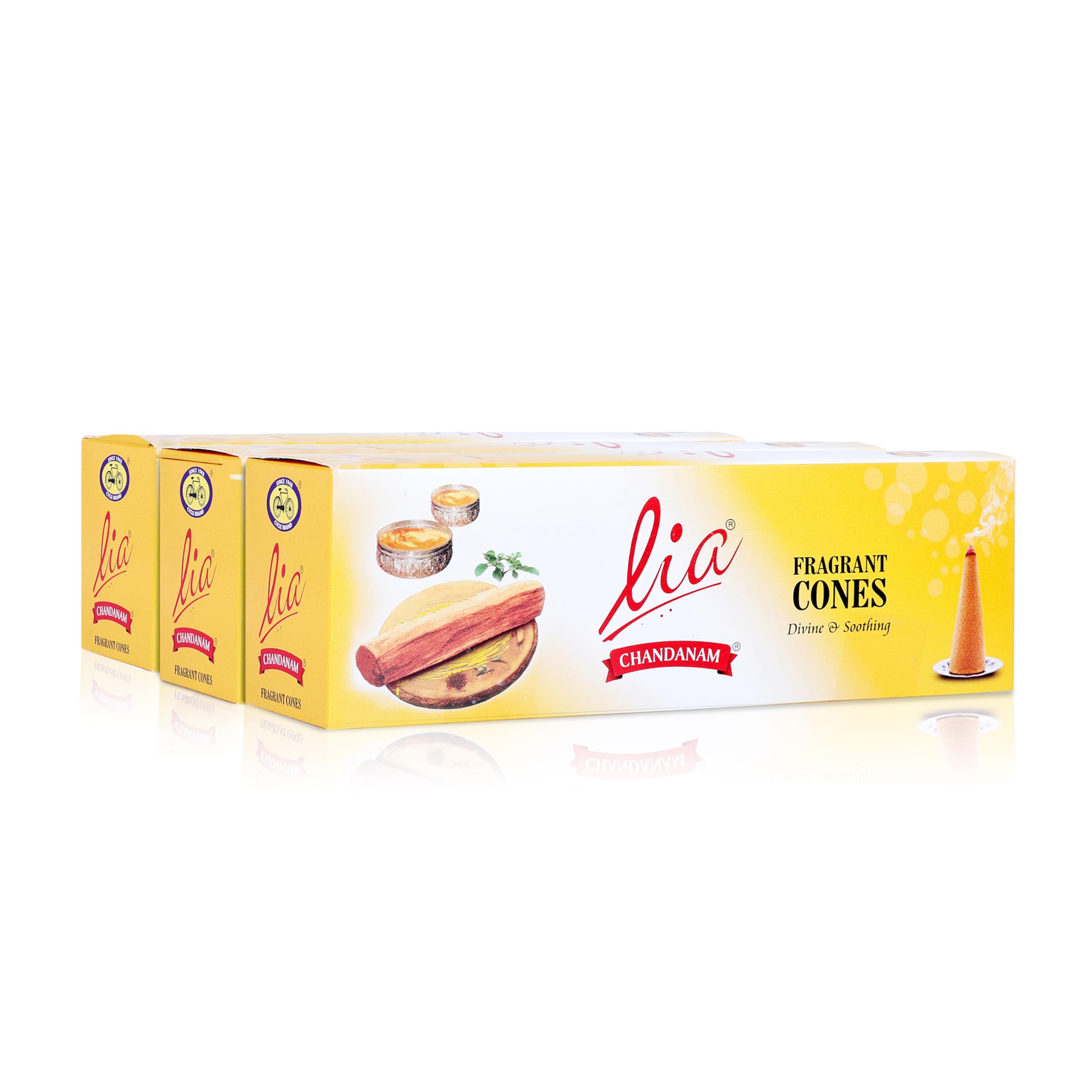 Cycle Pure Lia Chandanam Fragrant Dry Dhoop Cones - 192 Cones with Free Cone Holder, Chandan Fragrance for Daily, Puja, Meditation & Other Rituals, Pack of 3 (64 Cones/Pack)