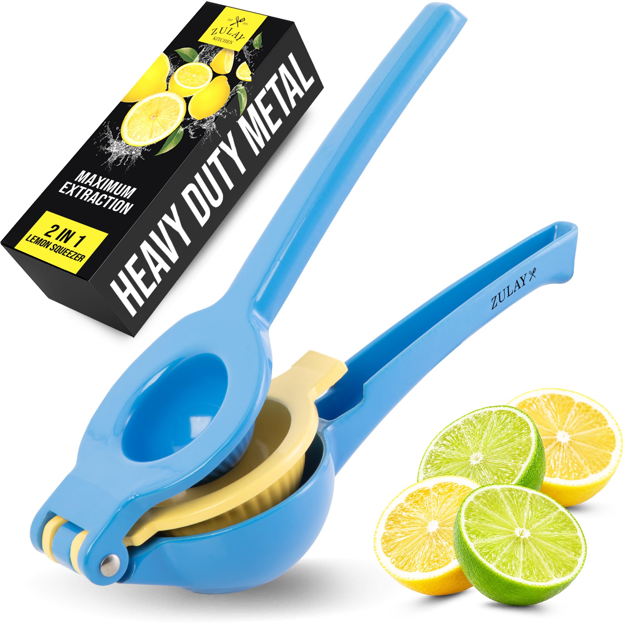 Zulay Kitchen Metal 2-in-1 Lemon Squeezer - Sturdy Max Extraction Hand Juicer Lemon Squeezer Gets Every Last Drop - Easy to Clean Manual Citrus Juicer - Easy-Use Lemon Juicer Squeezer - Blue/Yellow