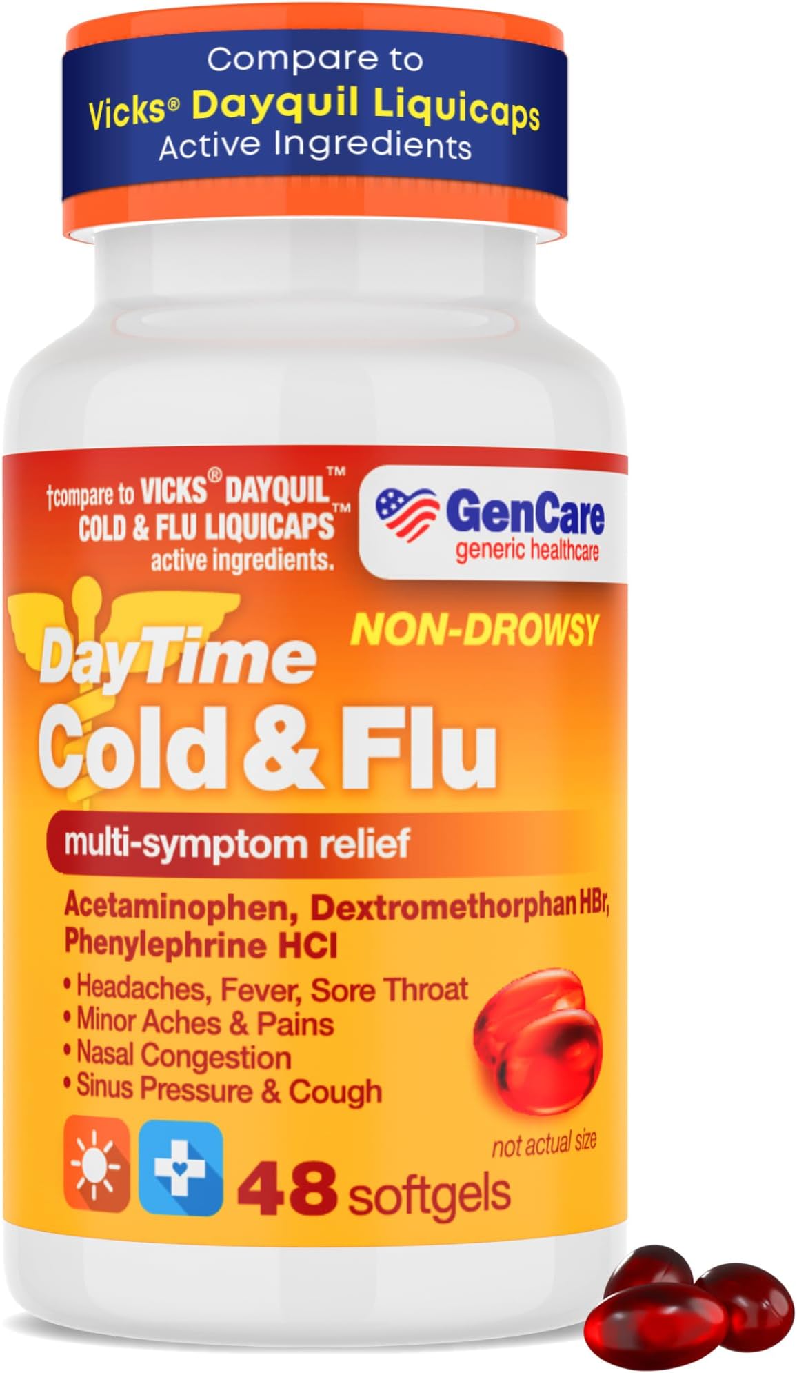 GenCare - Multi Symptom Non Drowsy Daytime Cold & Flu Relief Acetaminophen 325mg, Dextromethorphan HBr 10mg, Phenylephrine HCl 5mg (48 Softgels) Non Habit Forming Pain Reliever & Nasal Decongestant