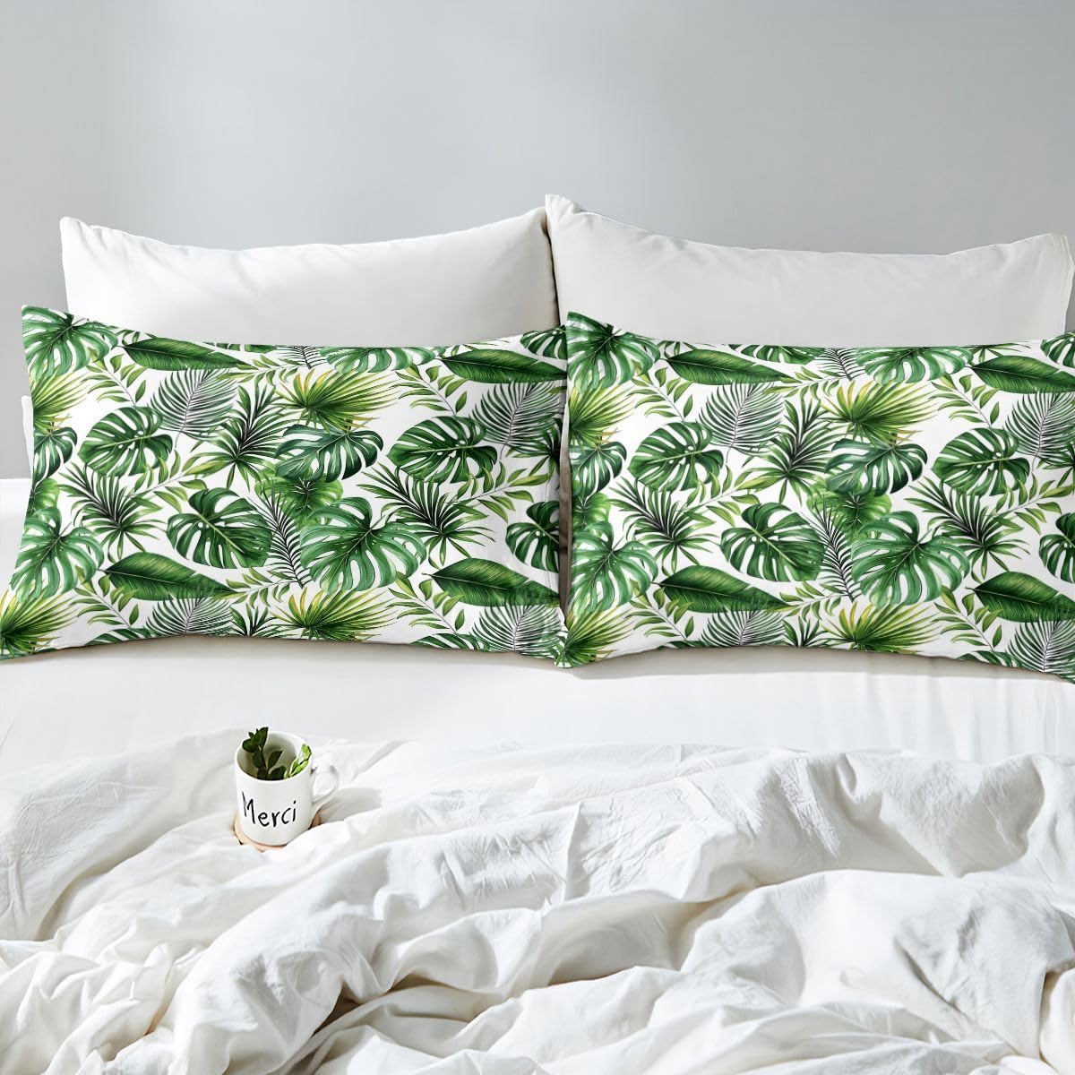 Erosebridal Palm Leaves Bed Sheet Set Hawaiian Fitted Sheet Monstera Banana Leaves Bottom Sheet Full Size Summer Tropical Leaves Bedding Set for Living Room Bedroom Decor, Green White