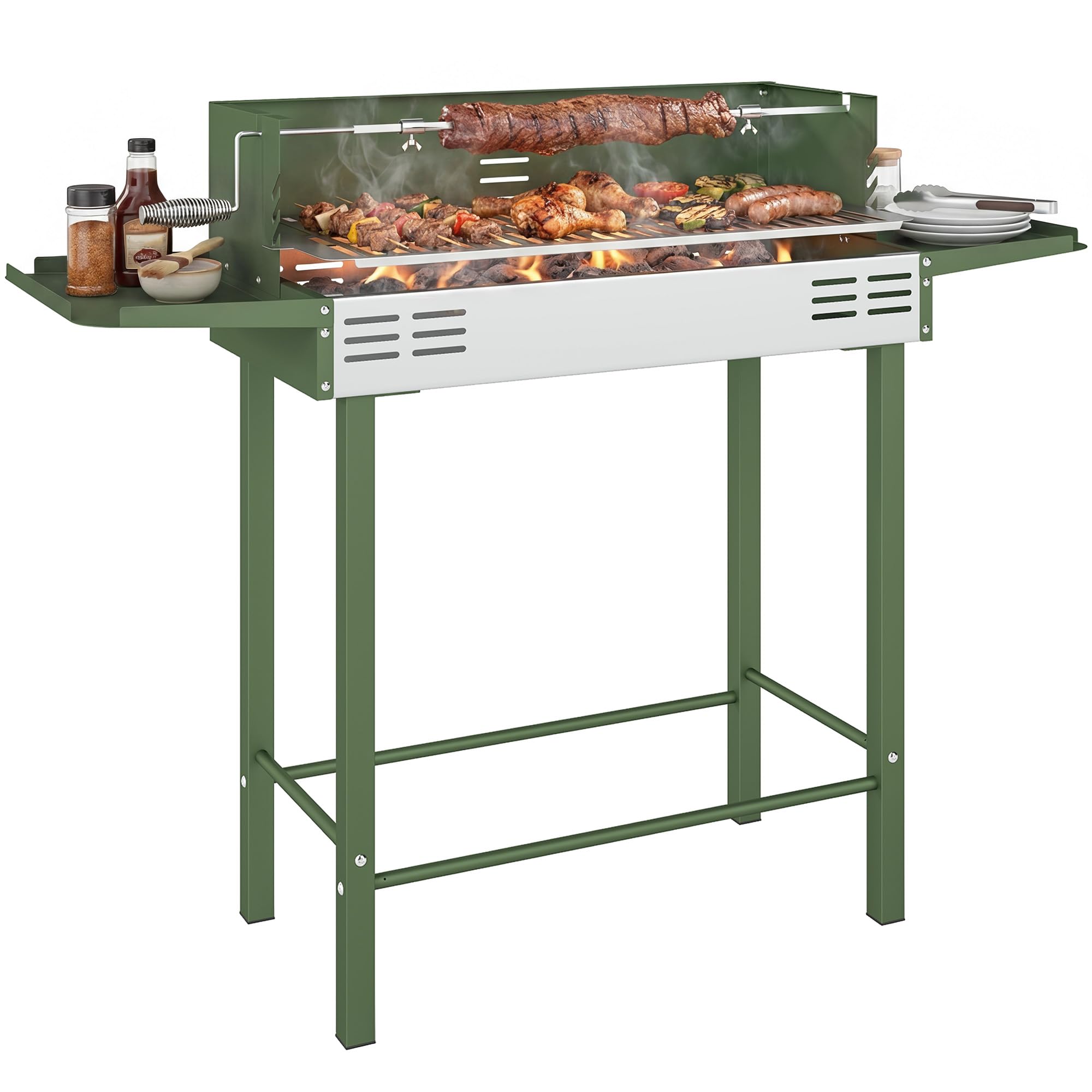 Outsunny BBQ Rotisserie Grill Barbecue Roaster Charcoal Spit Roasting Machine for Chicken Turkey with 3-Level Grill Grate and Foldable Side Shelves, Stainless Steel, Dark Green