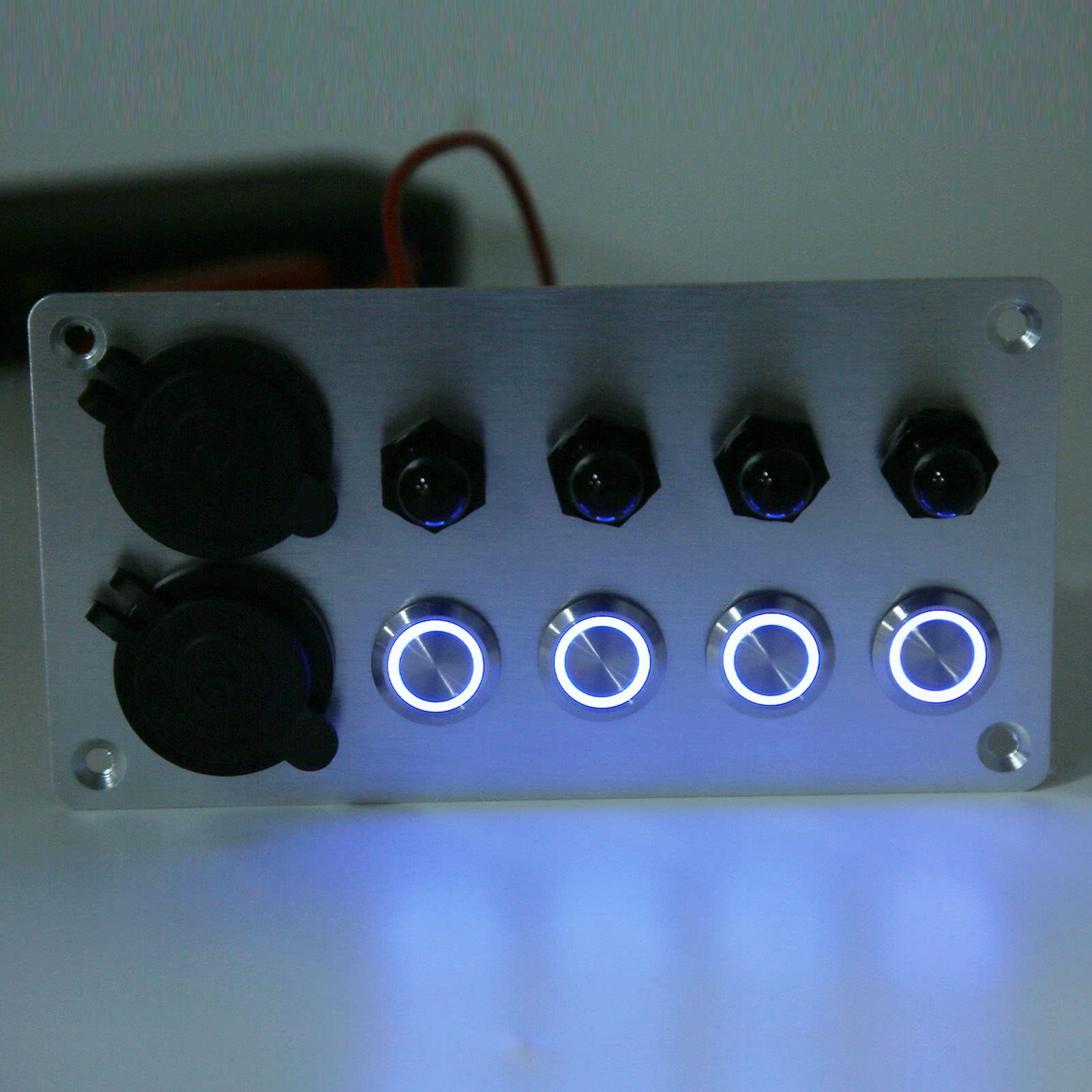 Pannello Interruttori per Barche Marine, Pannello Interruttori a Bilanciere Pannello Interruttori a Pulsante 4 Gang con Interruttori Automatici Presa Accendisigari Porta di Ricarica USB Retroilluminaz
